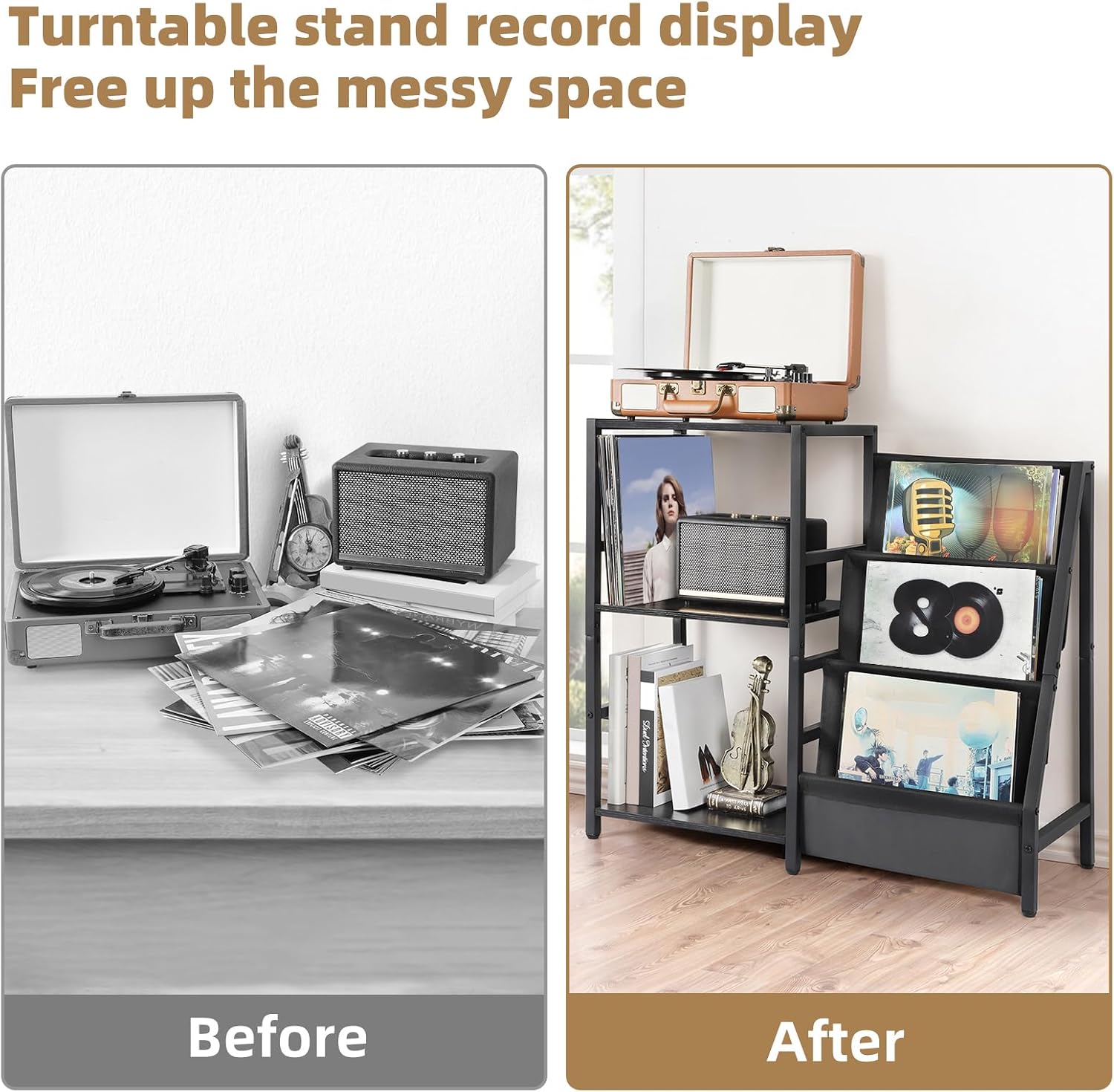 Detalle de Bikoney BKNY-SHELF-001 platenkast voor 200 albums, 3 niveaus, zwart