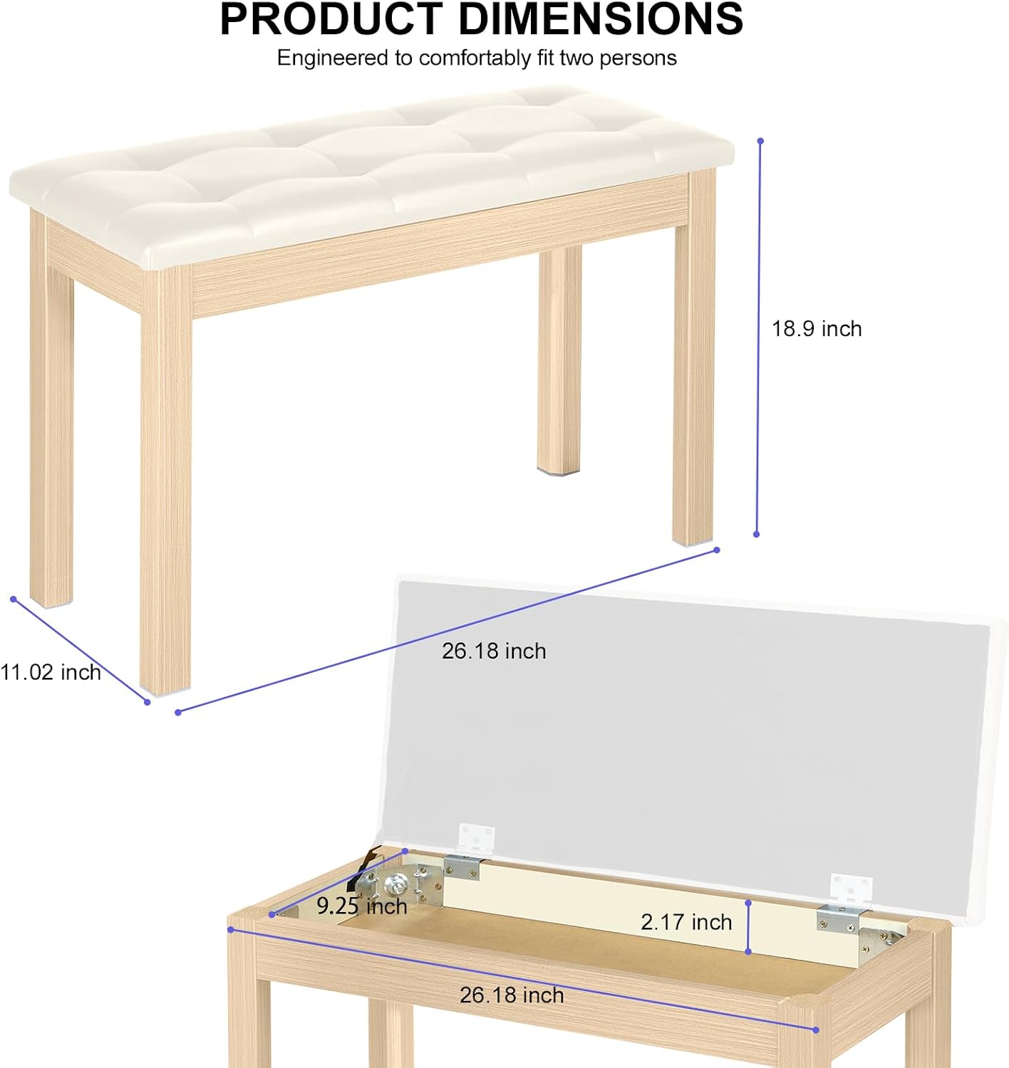 Detalle 2 de Vediya VES95 Duet Piano Bench with Storage, Tufted Apricot Seat
