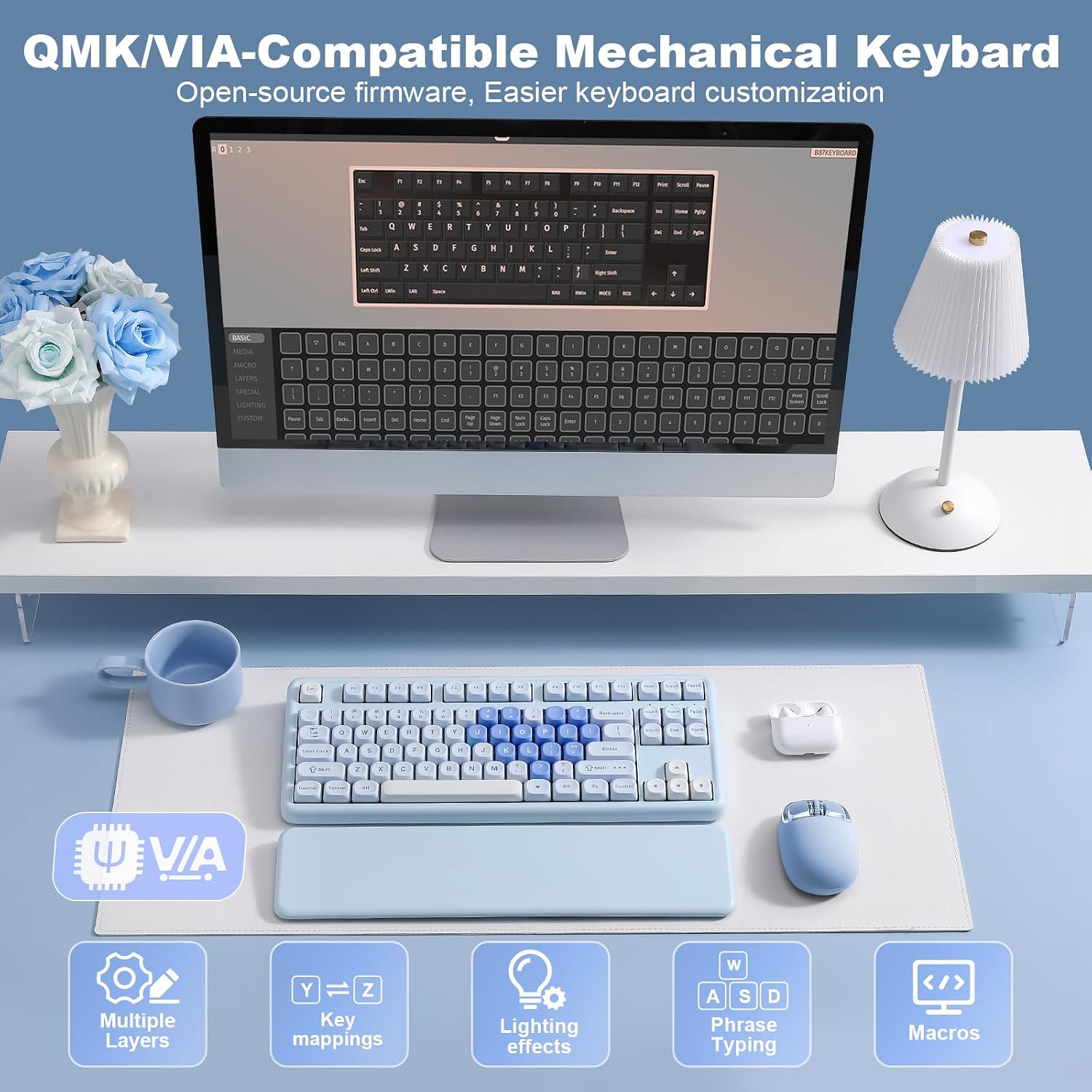 Detalle de YUNZII B87 drahtlose mechanische Tastatur (QMK/VIA, Gasket, RGB, BT5.0/2.4G/USB‑C) mit Soft-Touch-Wrist Rest
