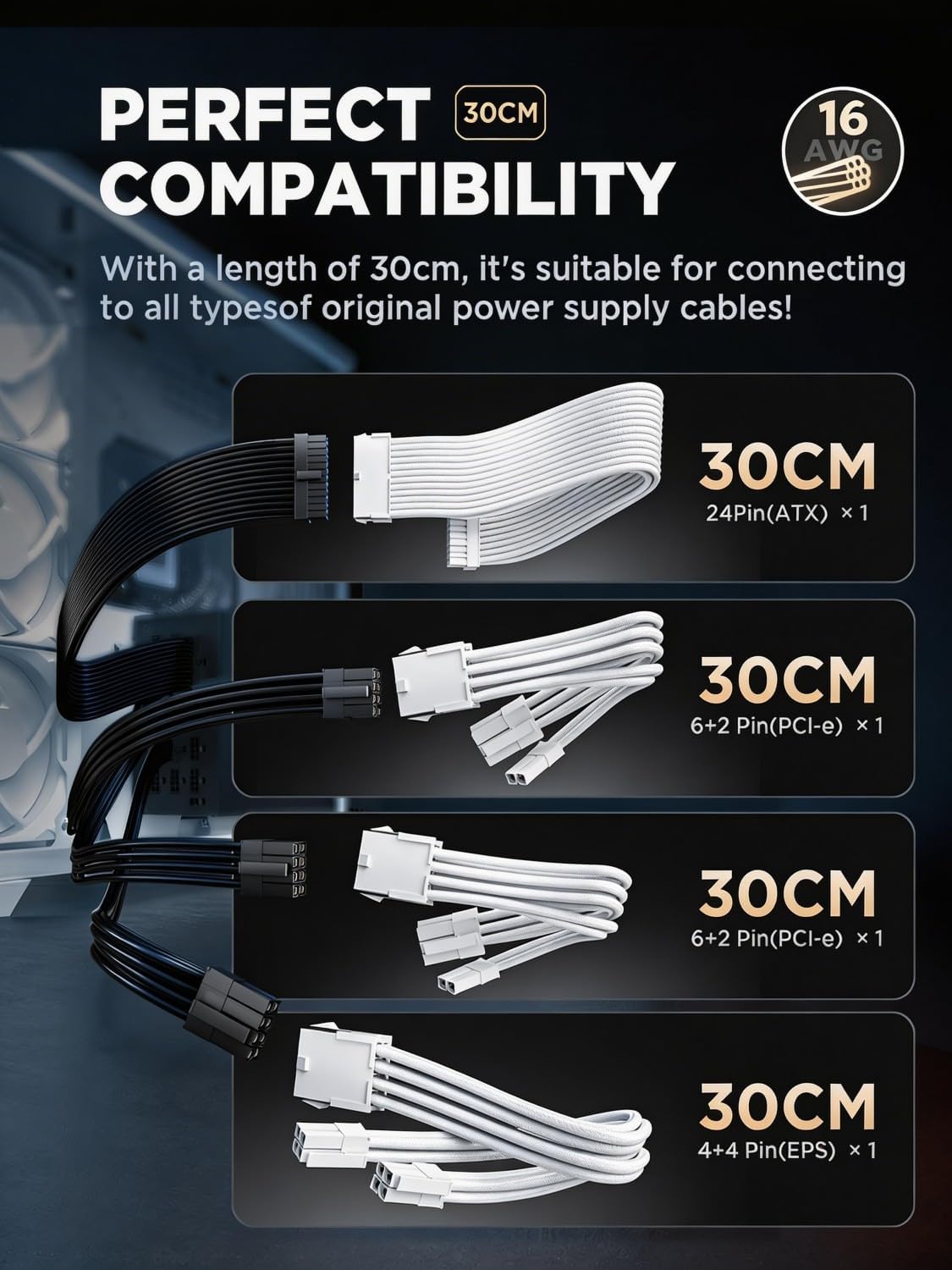 Detalle 2 de AsiaHorse 16AWG Prolunga Cavo PSU — Set completo da 30 cm per PC: 24-pin, (4+4) CPU, (6+2) PCIe, gestione cavi bianco