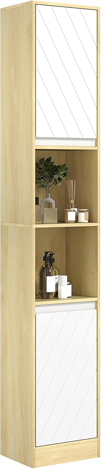 Detalle de HOMCOM Meuble Colonne Salle de Bain à 6 Niveaux – rangement étroit 30 × 24 × 170 cm en chêne et blanc
