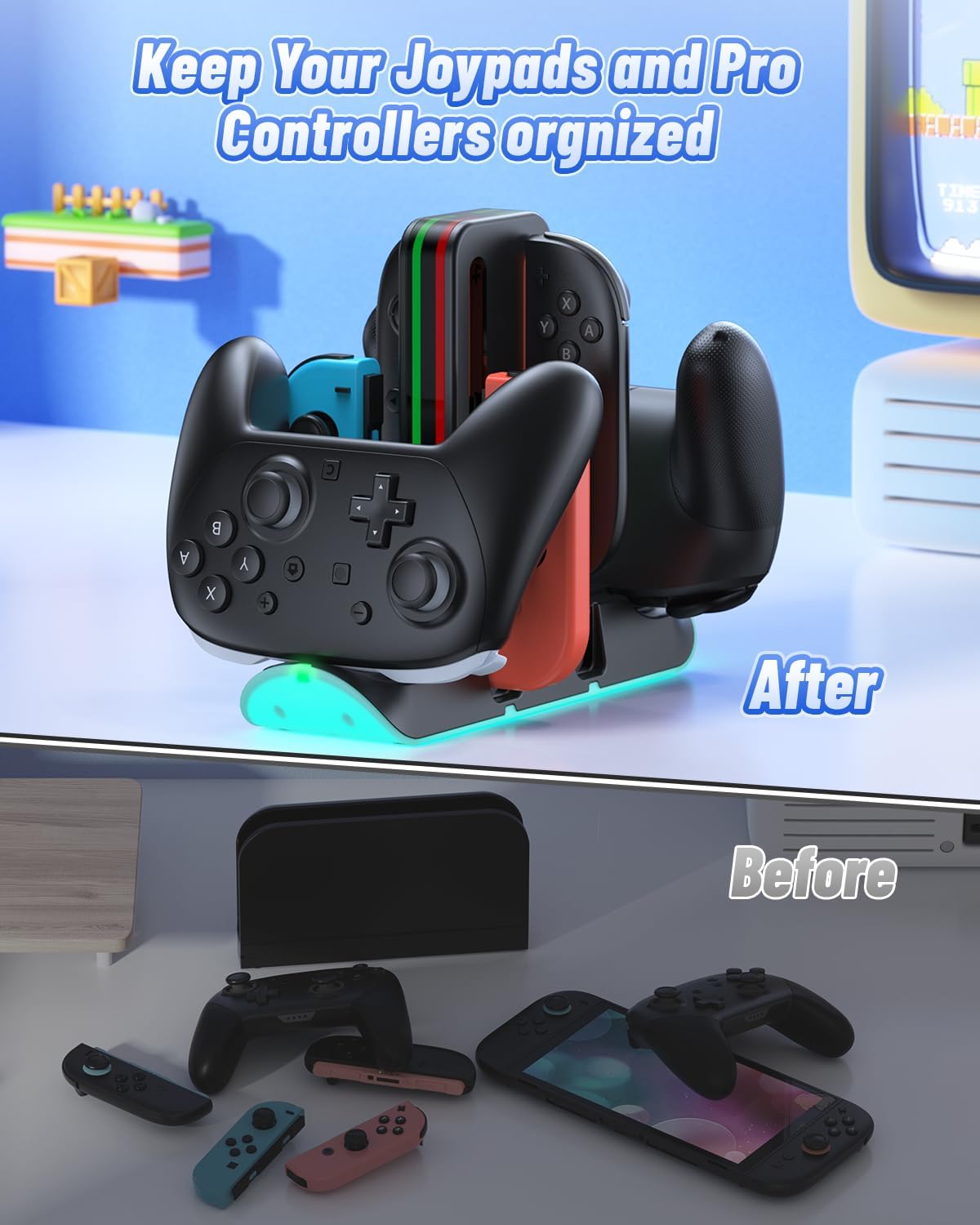 Thumbnail 4 de FASTSNAIL Charging Dock for Nintendo Switch 1/2 Controllers (9 RGB Lighting, Magnetic Storage)
