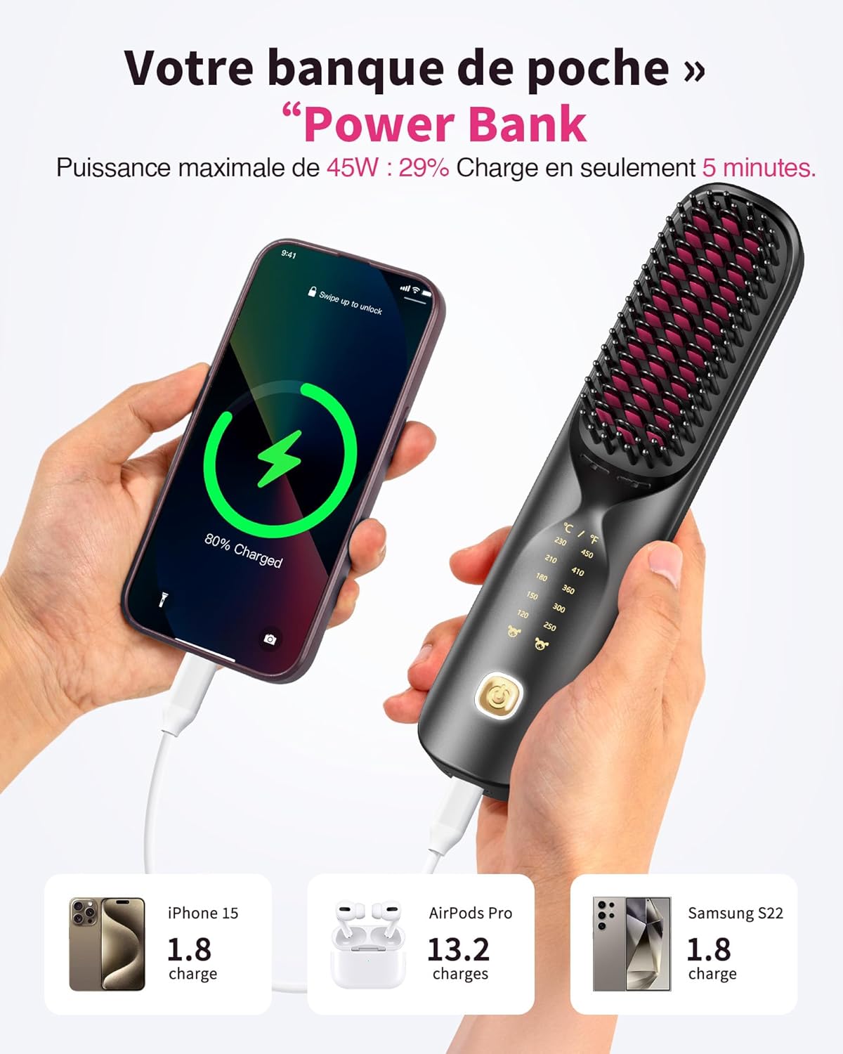 Thumbnail 6 de Bopcal Brosse Lissante sans fil 10000mAh 3-en-1 : mini lisseur et brosse anti-frisottis