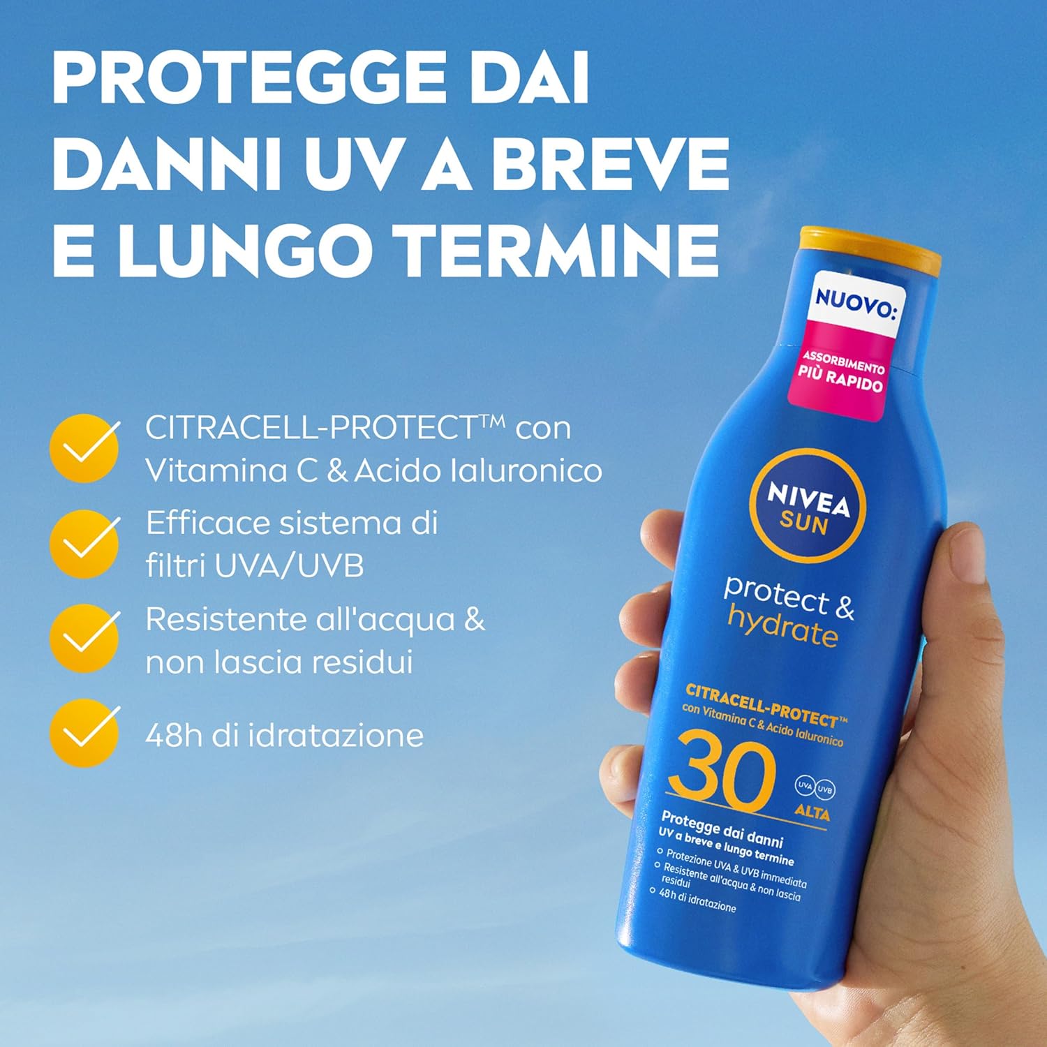 Detalle 2 de NIVEA SUN Protect & Hydrate SPF 30 – Crema solare idratante 200 ml, assorbimento rapido e protezione 48h