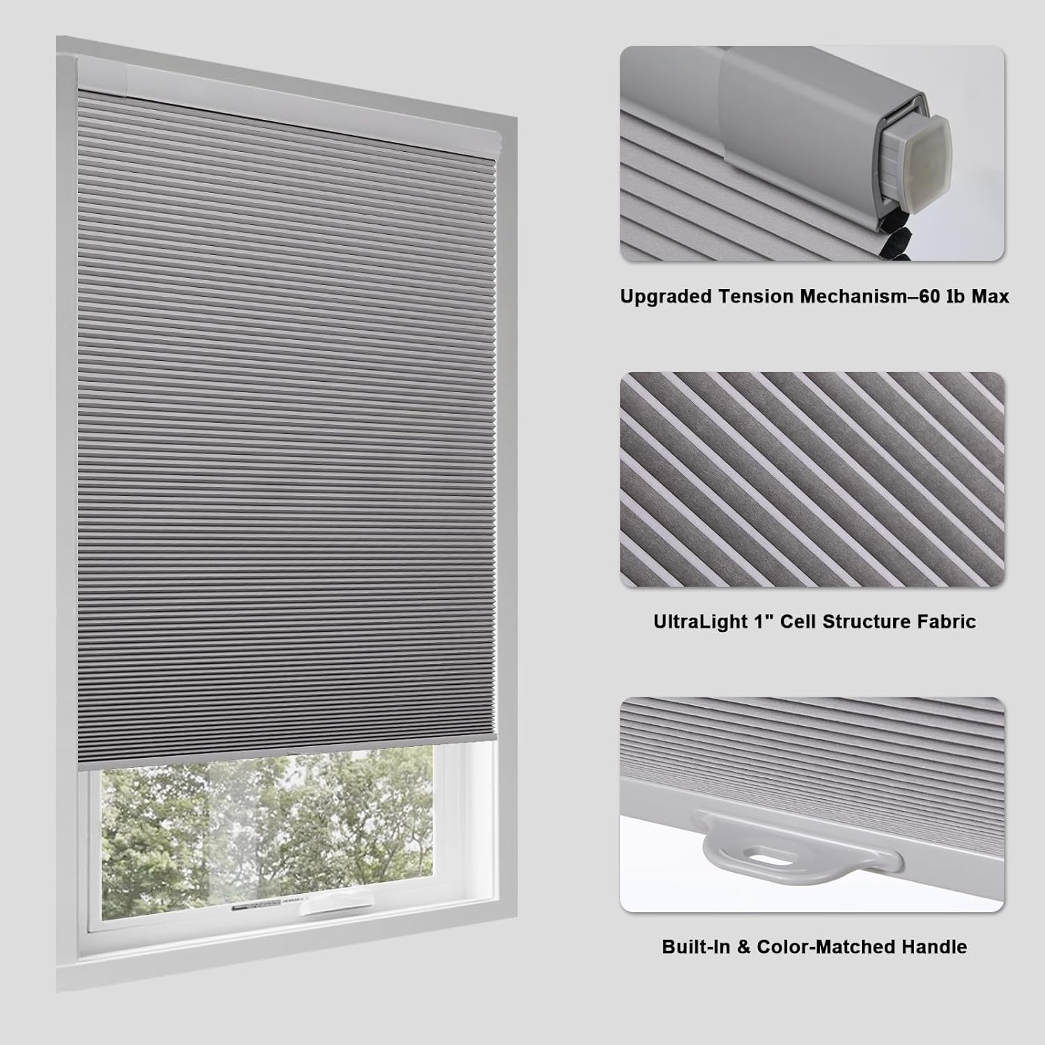 Thumbnail 1 de Tonature No Drill Cellular Shades for Indoor Windows, 28 1/2" W x 80" H, Grey