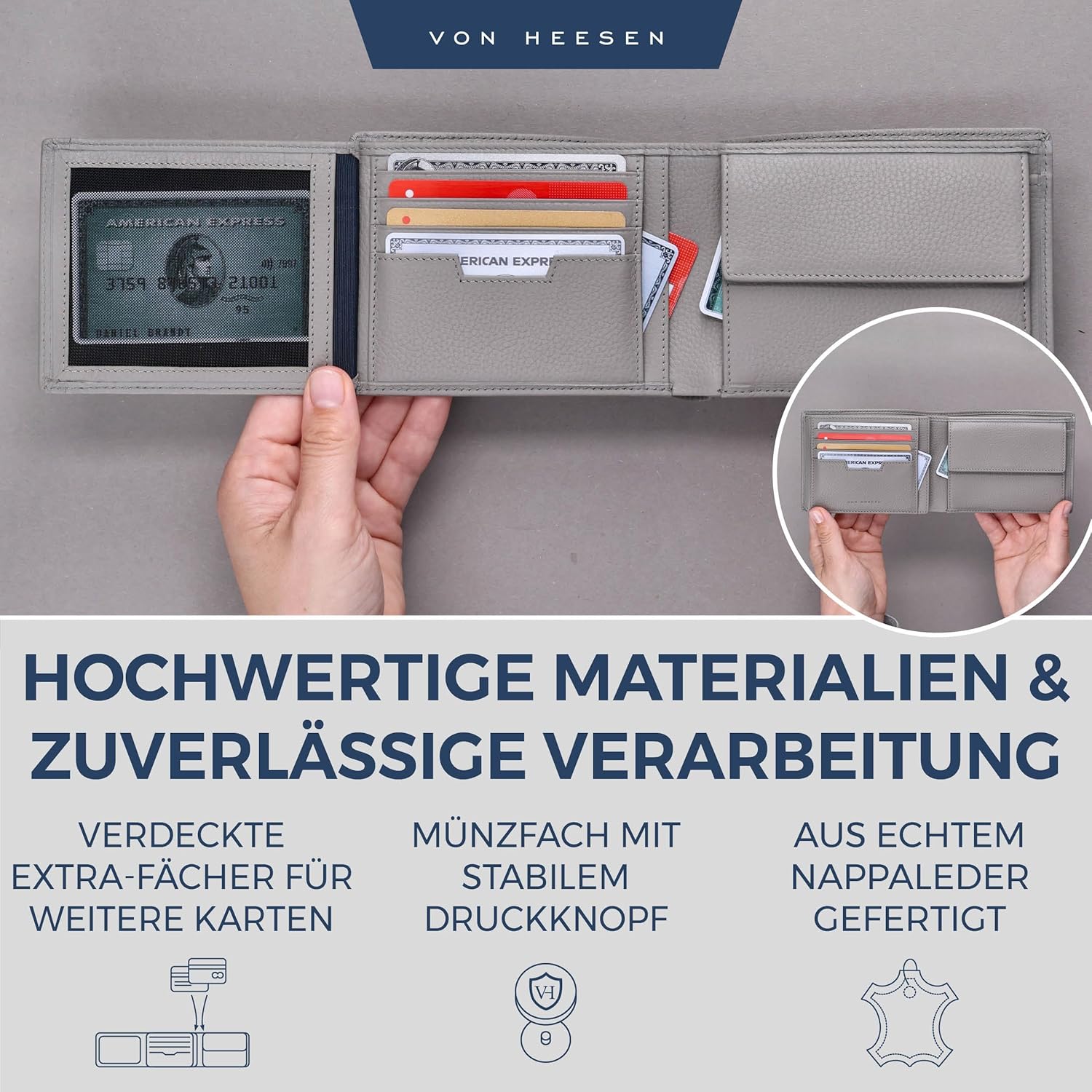 Detalle de VON HEESEN Geldbörse Herren mit RFID-Schutz – Echtleder, Grau (13 Fächer, Münzfach, Geschenkbox)