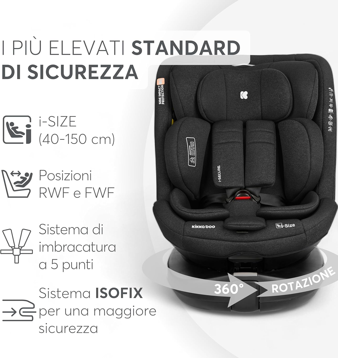 Thumbnail 6 de KikkaBoo Seggiolino Auto i-SECURE 0-36 kg: rotante a 360°, ISOFIX e i-Size