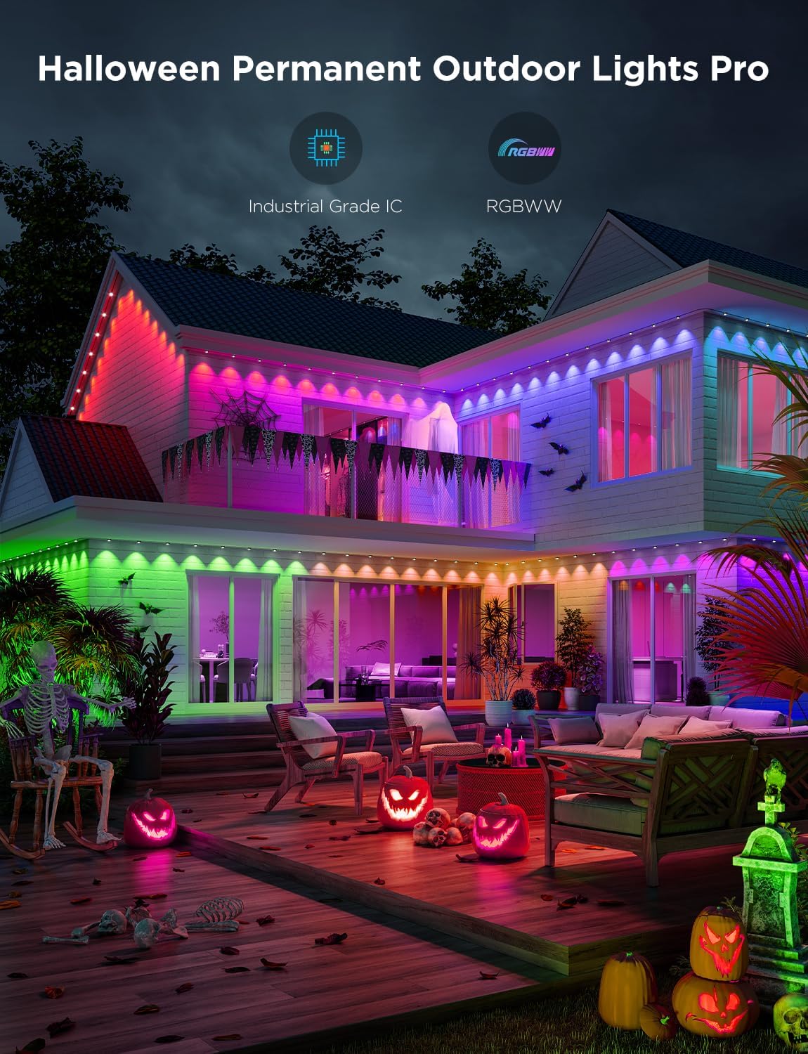 Detalle de Govee Permanent Outdoor Lights Pro (100ft) with 60 RGBIC LED Lights, IP67 Waterproof, Alexa/Google/Matter, White