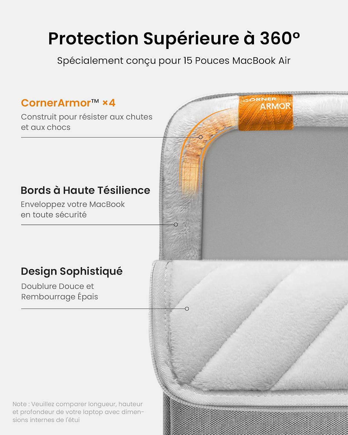 Detalle de Tomtoc 360° Housse pour 15" MacBook Air M5/M4/M3 et Surface Laptop Copilot+: Protection 360° avec compartiment accessoires