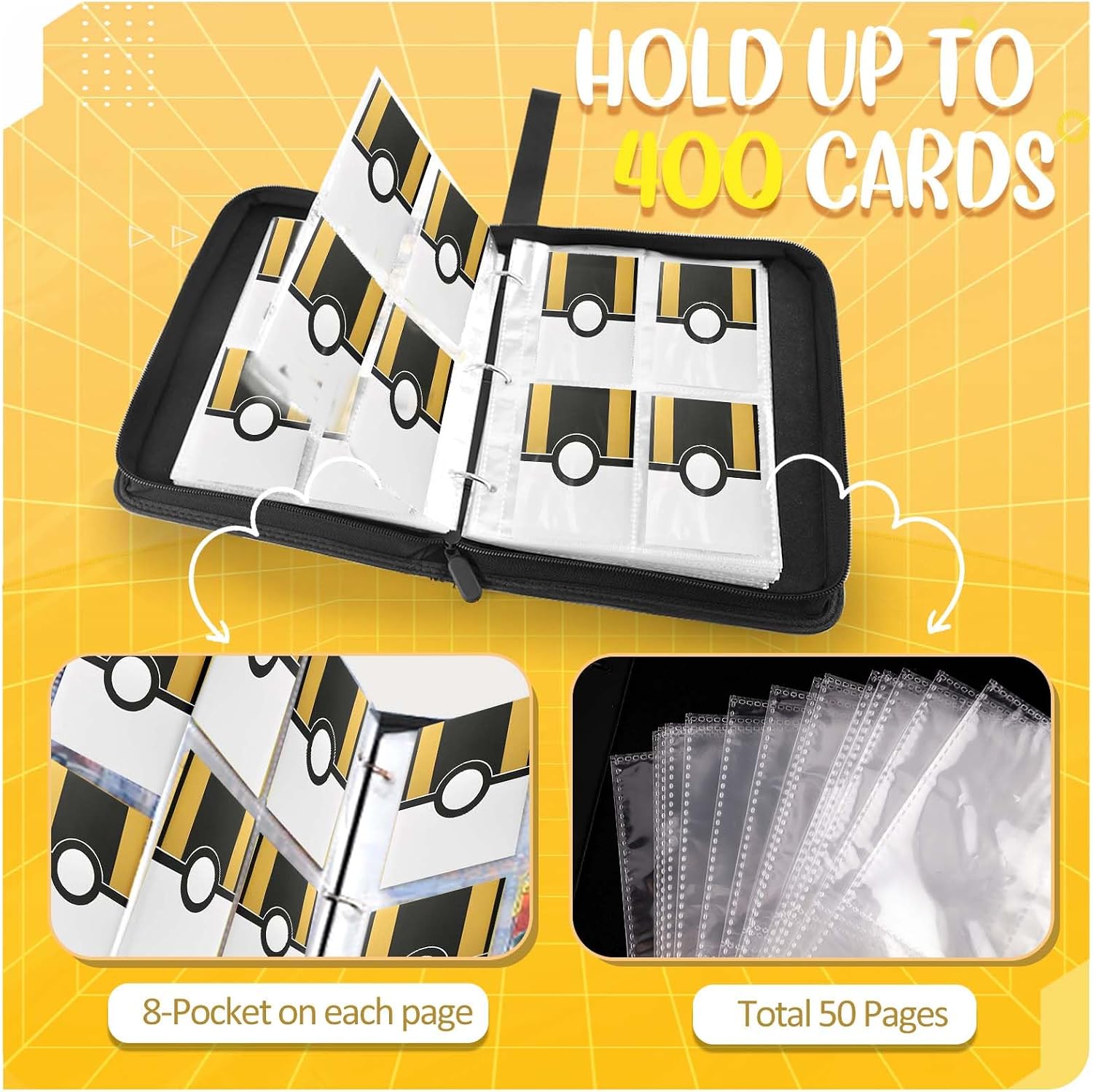 Detalle 2 de EASYFUN 2PCB-02-3 Trading Card Binder, 400-Card Capacity, Zippered Black PU Leather