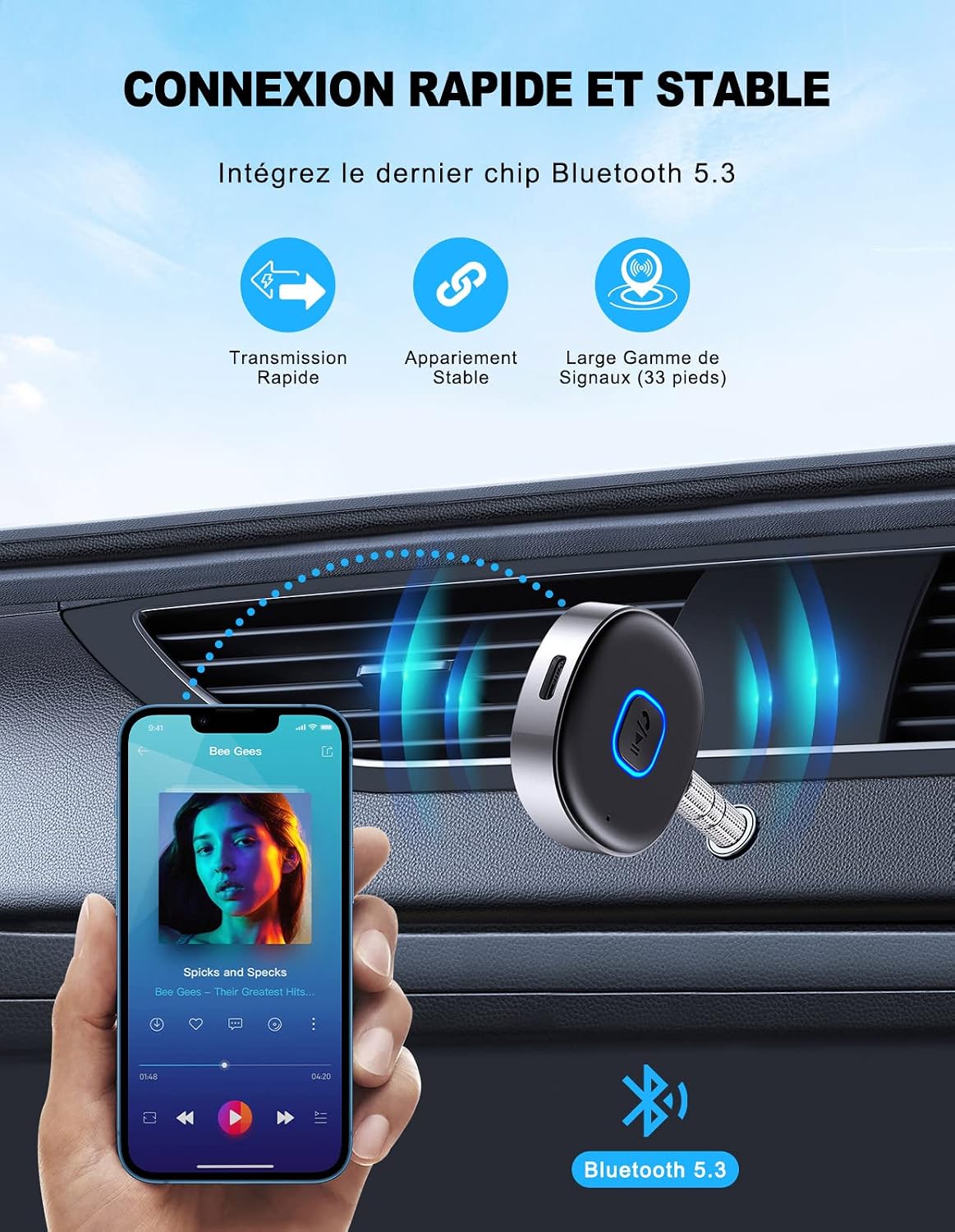 Thumbnail 5 de Mohard Bluetooth-ontvanger 5.0 met 3,5mm AUX, handsfree bellen en dual pairing