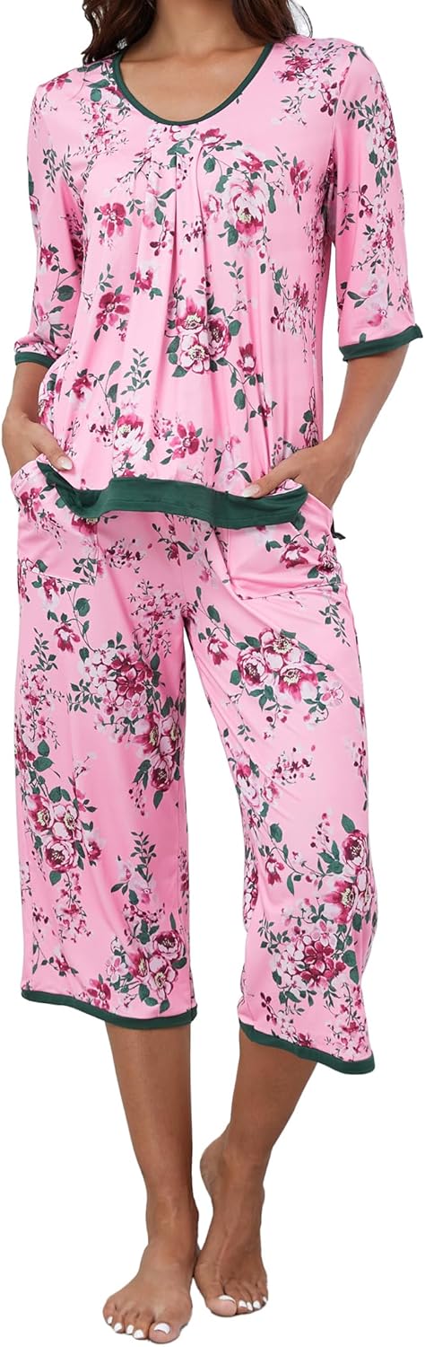 Detalle de Famulily Women's Capri Pajama Sets - Color Block V-Neck, 2-Piece Sleepwear