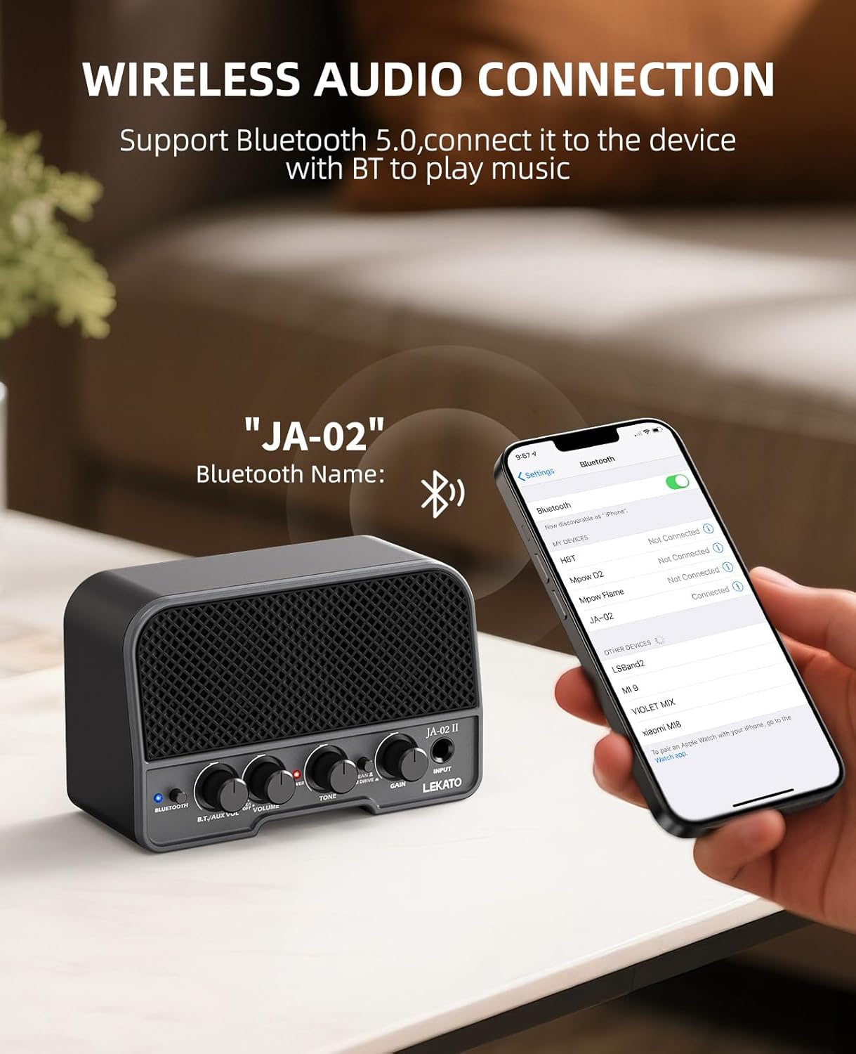 Detalle de LEKATO JA-02 II Mini Guitar Amp: Compact, Battery-Powered Dual 5W Practice Amp