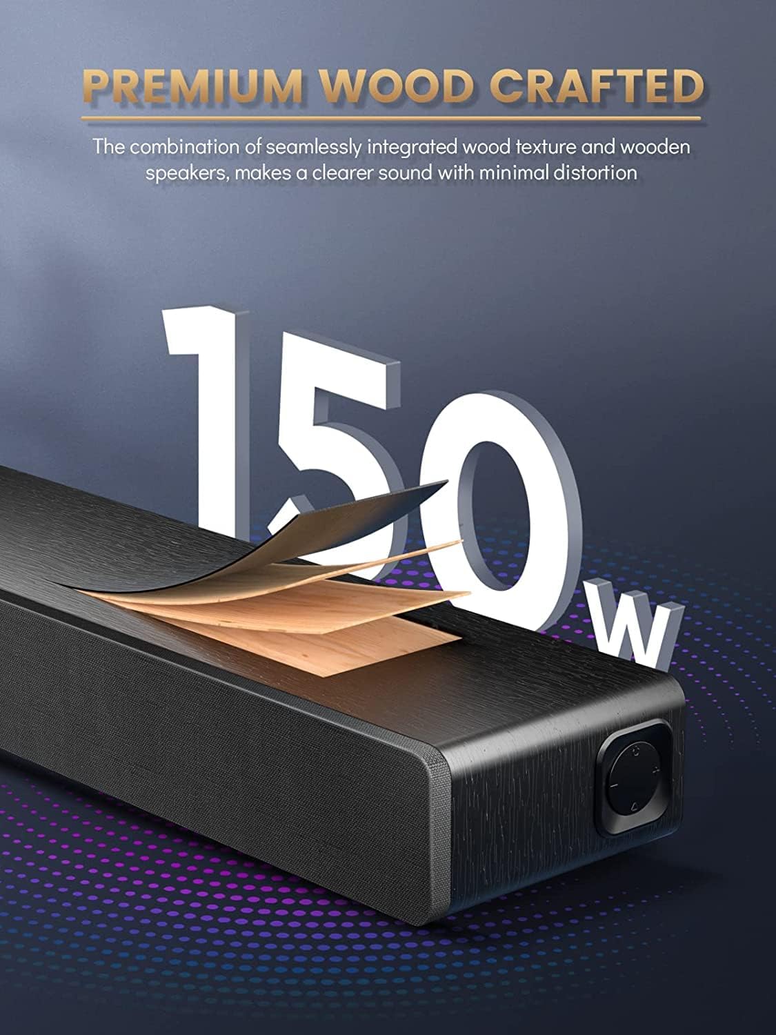 Detalle de MEREDO Soundbar 2.1 Holz – 150 W mit integriertem Subwoofer, ARC, BT 5.0, 5 EQ-Modi
