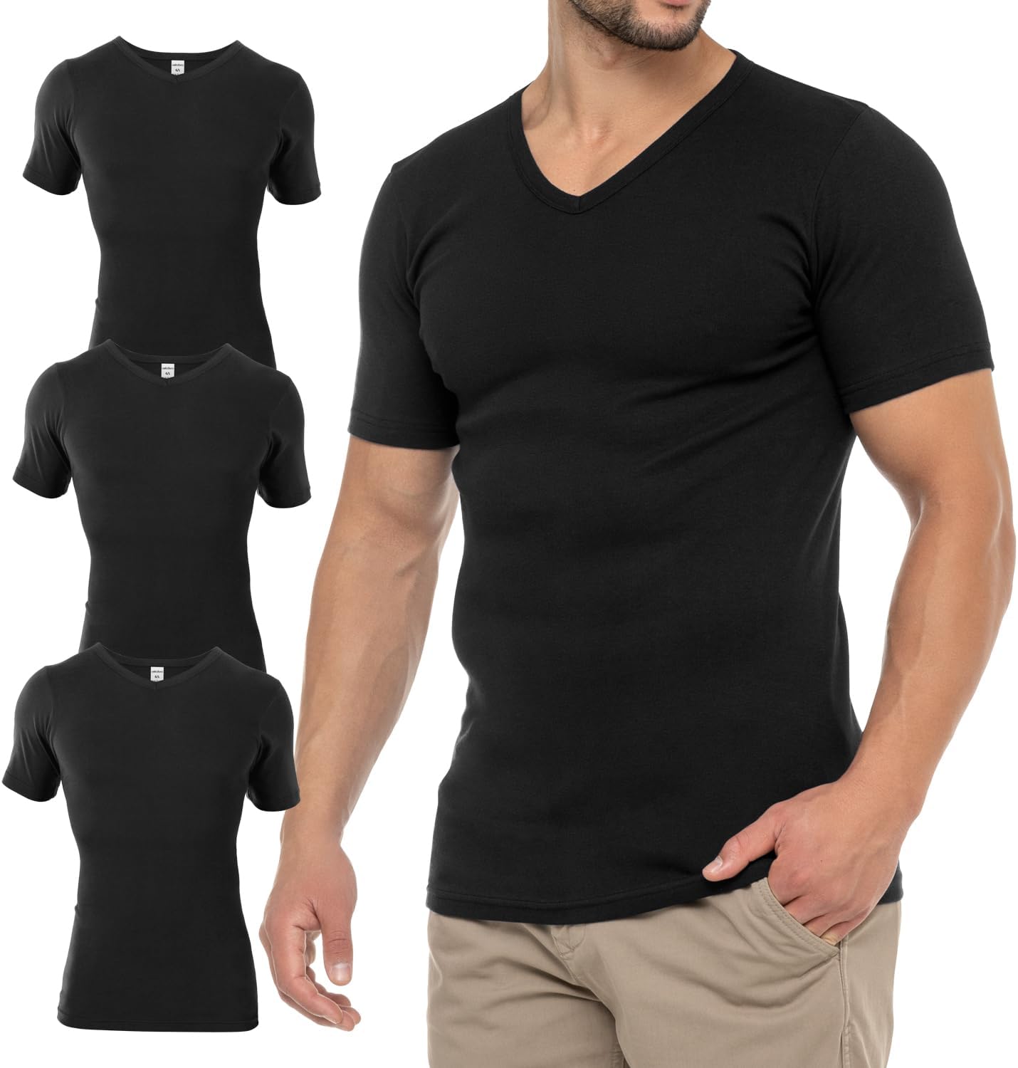 Detalle de celodoro Original Exklusiv T-shirt för män med V-ringning, kammad bomull, 3-pack