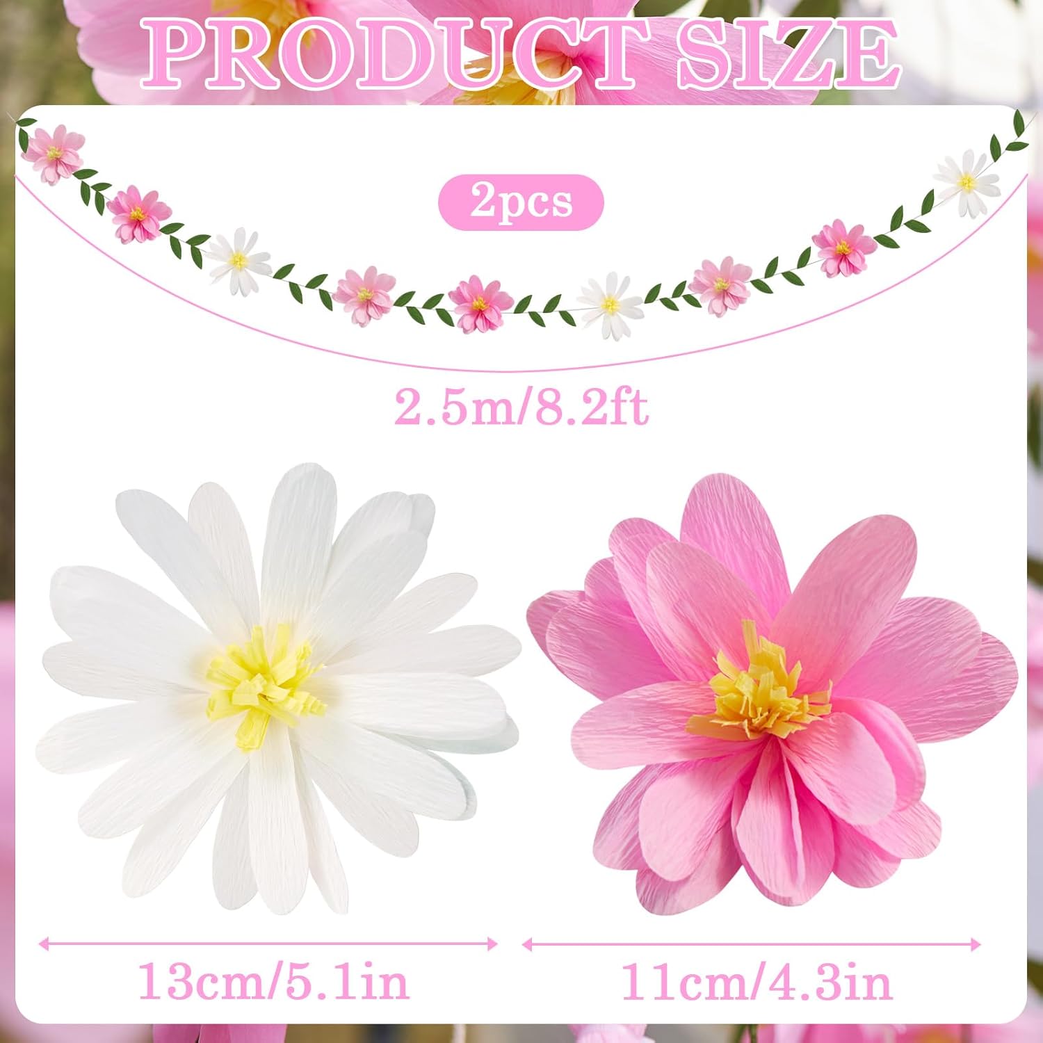 Detalle de SUNBEAUTY Spring Wildflowers Garland Crepe Paper Flower Banner (Pink & White) – 2-Pack