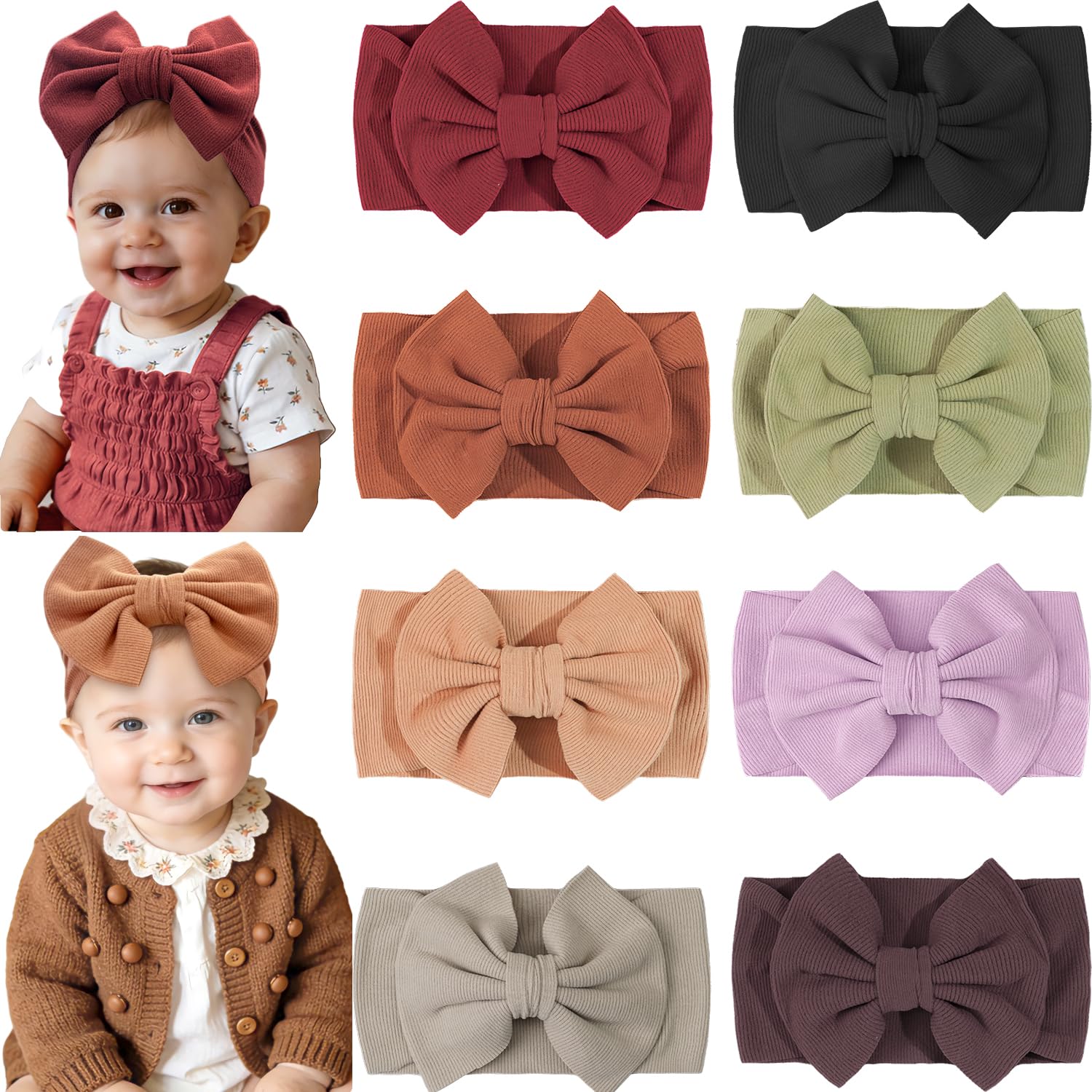 Detalle de CÉLLOT 8-Color Baby Bow Headbands, Stretchy Nylon, 5-Inch Soft Knots