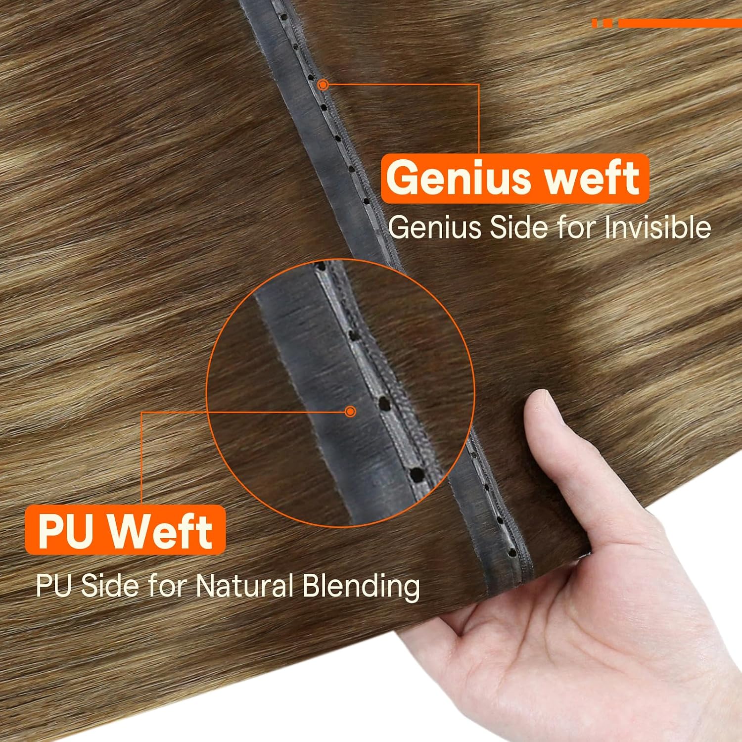 Detalle 2 de Full Shine Butterfly Weft Human Hair Extensions 22 Inch, 100g, 5 Pieces — Brown Ombre Honey Blonde