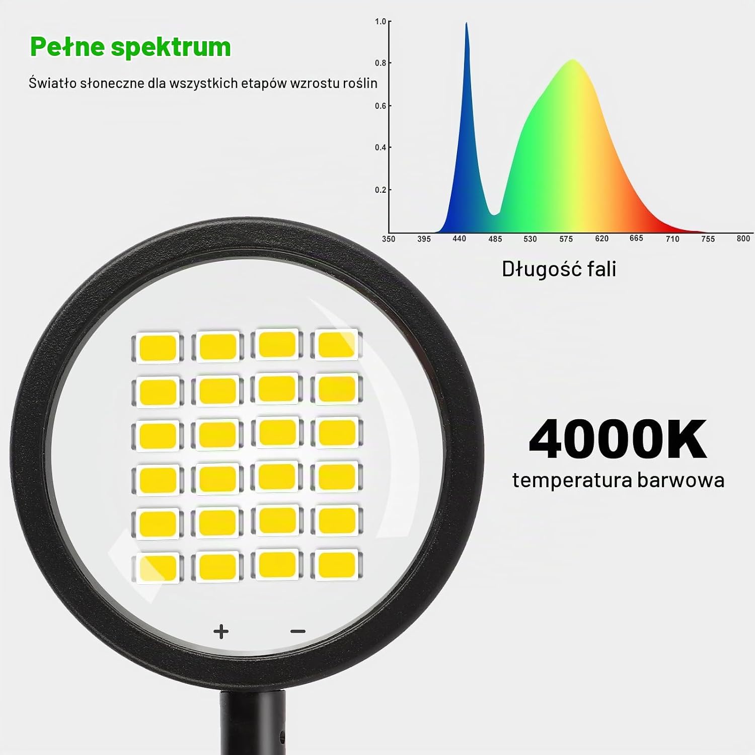 Detalle 2 de fayleer F1-ZWD lampa LED do roślin z soczewką, timerem i regulacją wysokości