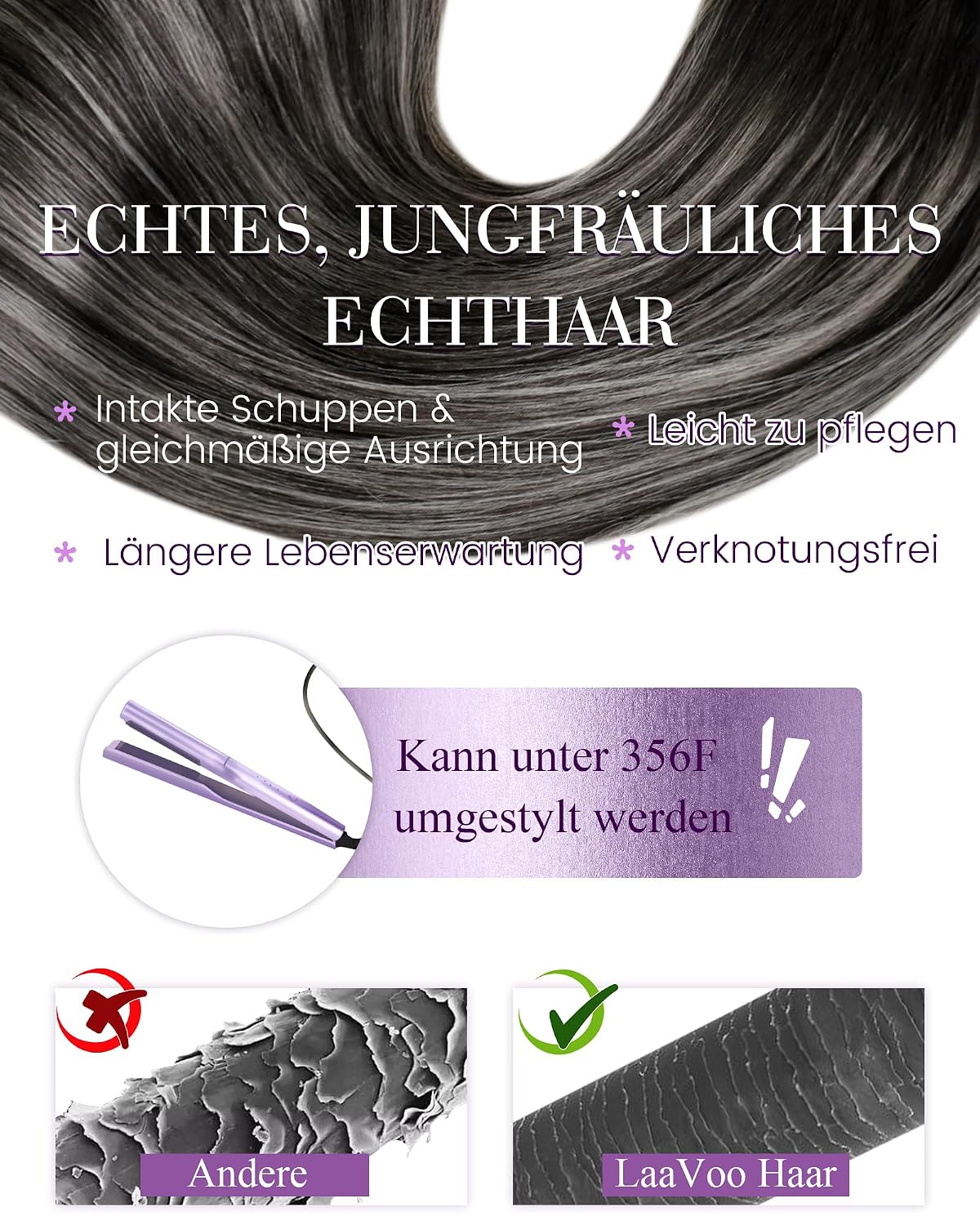 Detalle de LaaVoo Microring Echthaar Extensions – Balayage Silber Bis Balayage Ombre Schwarz, 50 cm, 50 g, 50 Stück