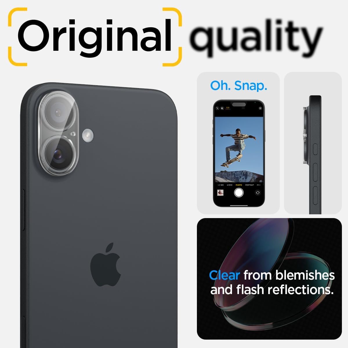 Detalle de Spigen Glas.tR Optik protezione fotocamera per iPhone 16 / iPhone 16 Plus (2 pezzi) cristallino, durezza 9H