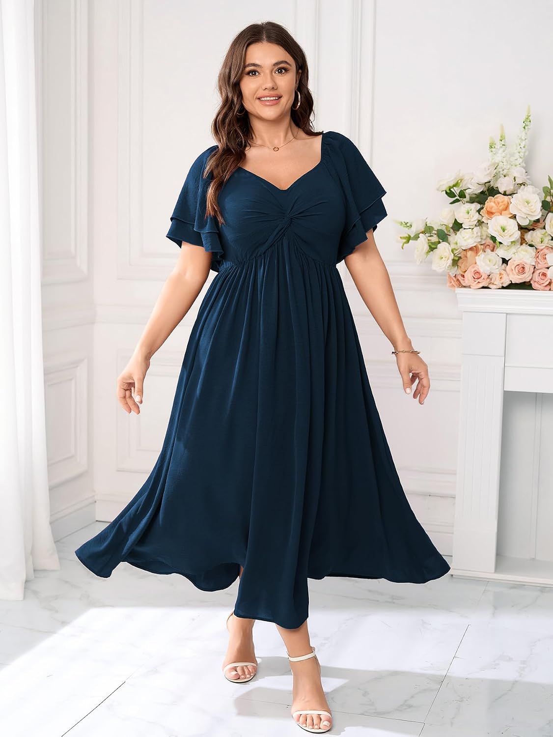 Thumbnail 6 de SCOMCHIC Women's Plus Size Wedding Guest Cocktail Dress with Sweetheart Neckline and Ruffle Sleeves