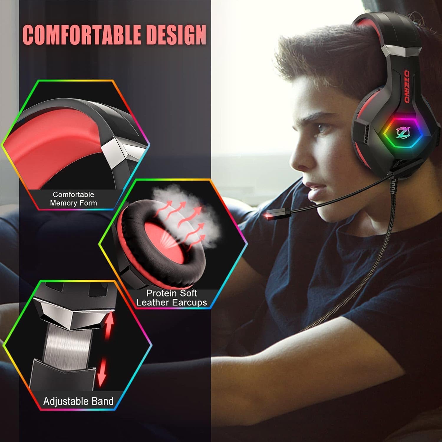 Detalle 2 de Ozeino cuffie da gioco per PC, PS4/PS5 e Xbox con cancellazione del rumore, microfono flessibile e luce RGB (rosso)