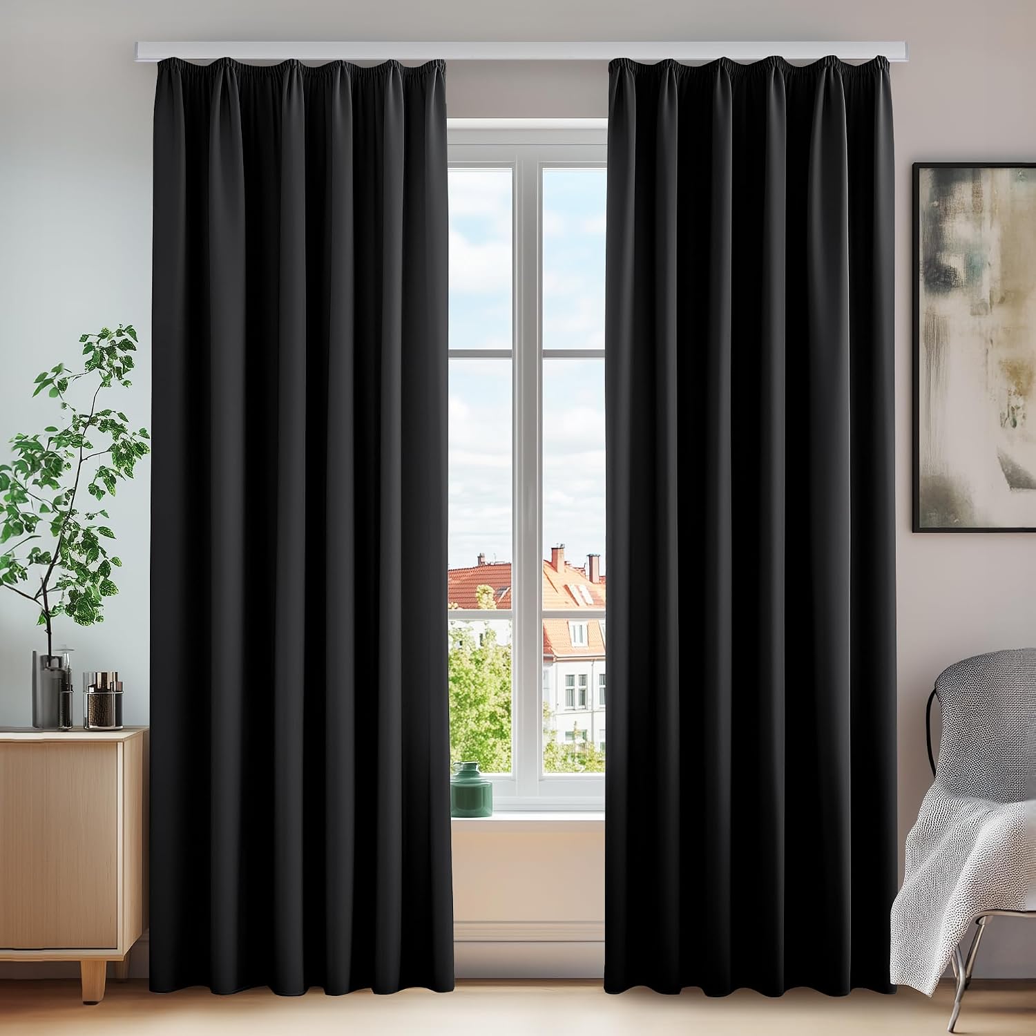 Detalle de Deconovo Thermo Verdunkelungsvorhänge mit Kräuselband, 220x140 cm (Höhe x Breite), Schwarz – 2er Set