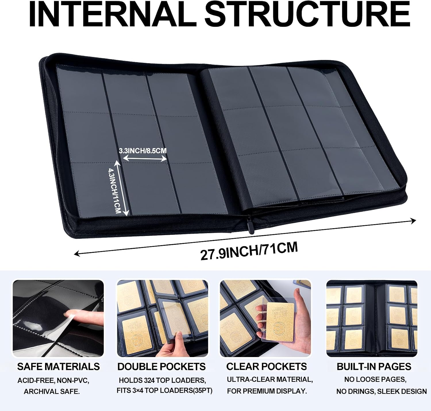 Detalle 2 de ULWUK 9 Pocket Toploader Card Binder, Holds 324, Waterproof PU Leather