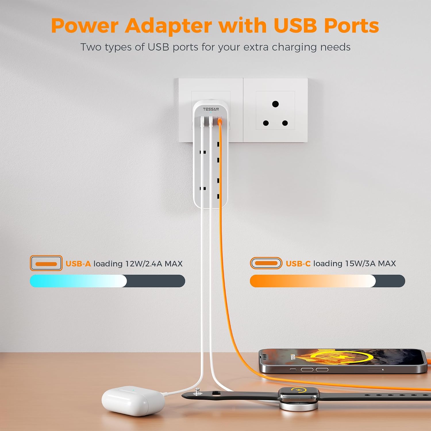 Detalle 2 de TESSAN UK to South Africa Type M adapter 3 USB