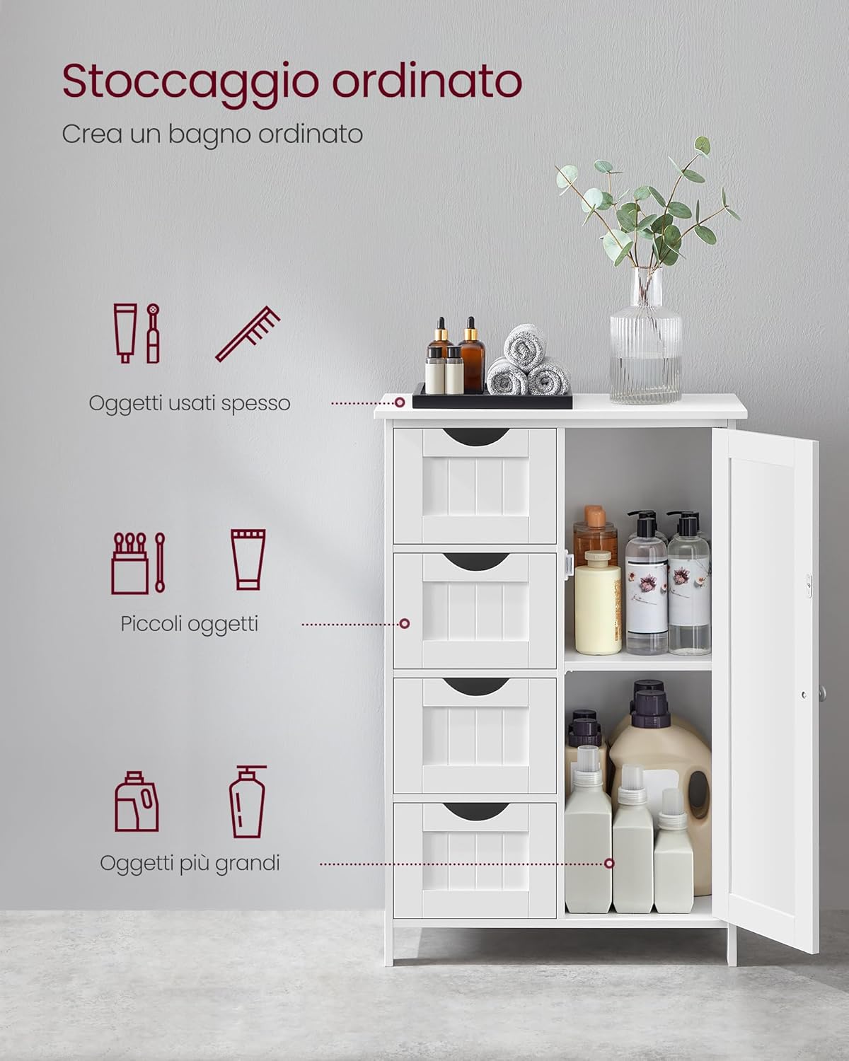 Detalle de VASAGLE LHC41W mobile da bagno autoportante con 4 cassetti, anta e ripiano regolabile