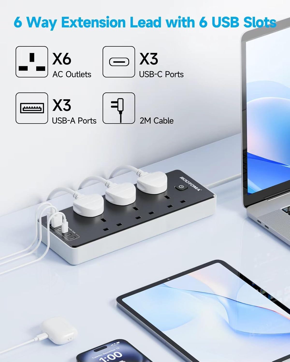 Detalle 2 de Extension Lead with USB Slots 6-Way Surge