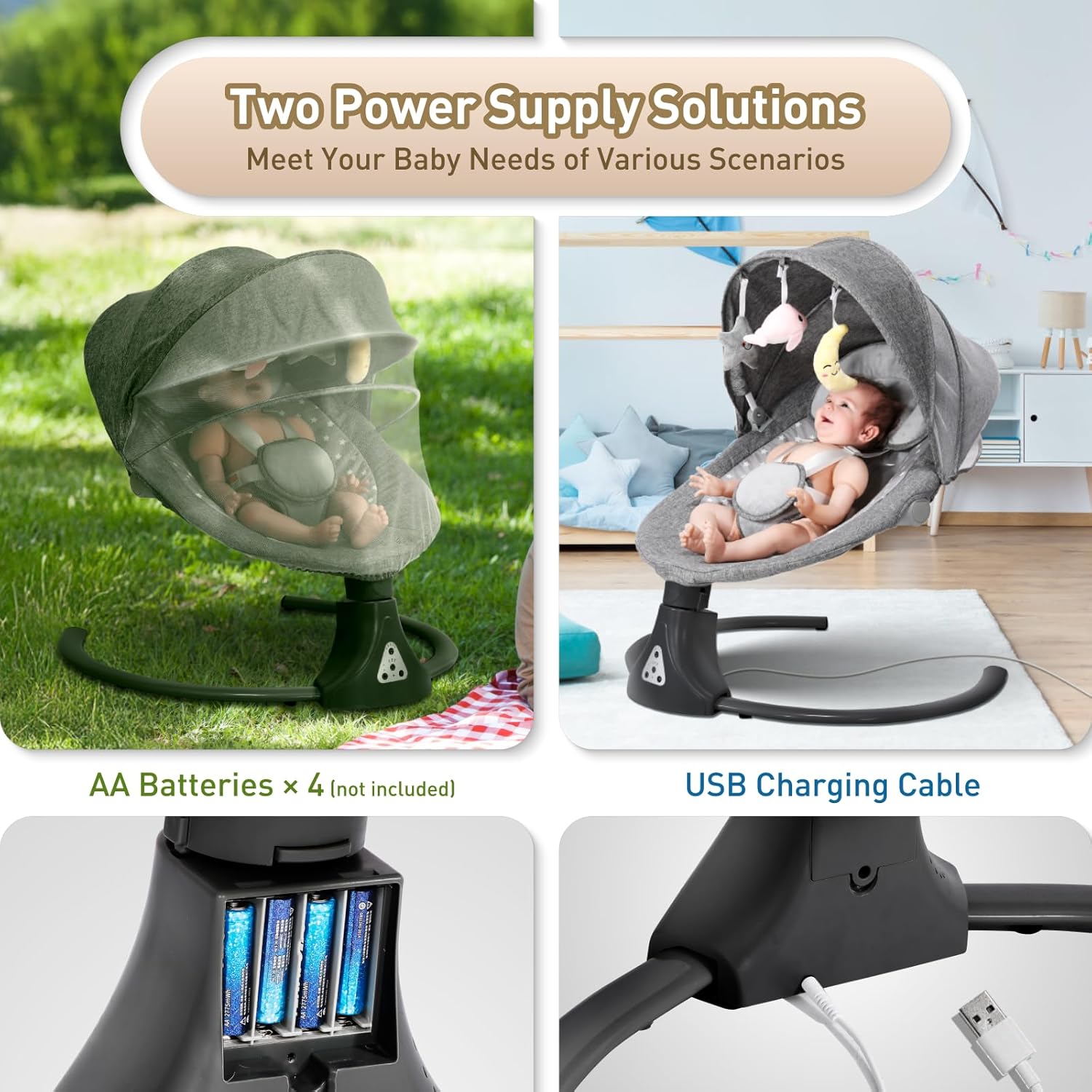 Detalle de Kisdream Baby Swing Chair with Bluetooth Remote – Cordless 5-Speed, 12 Lullabies, 3 Angles, 5-Point Harness