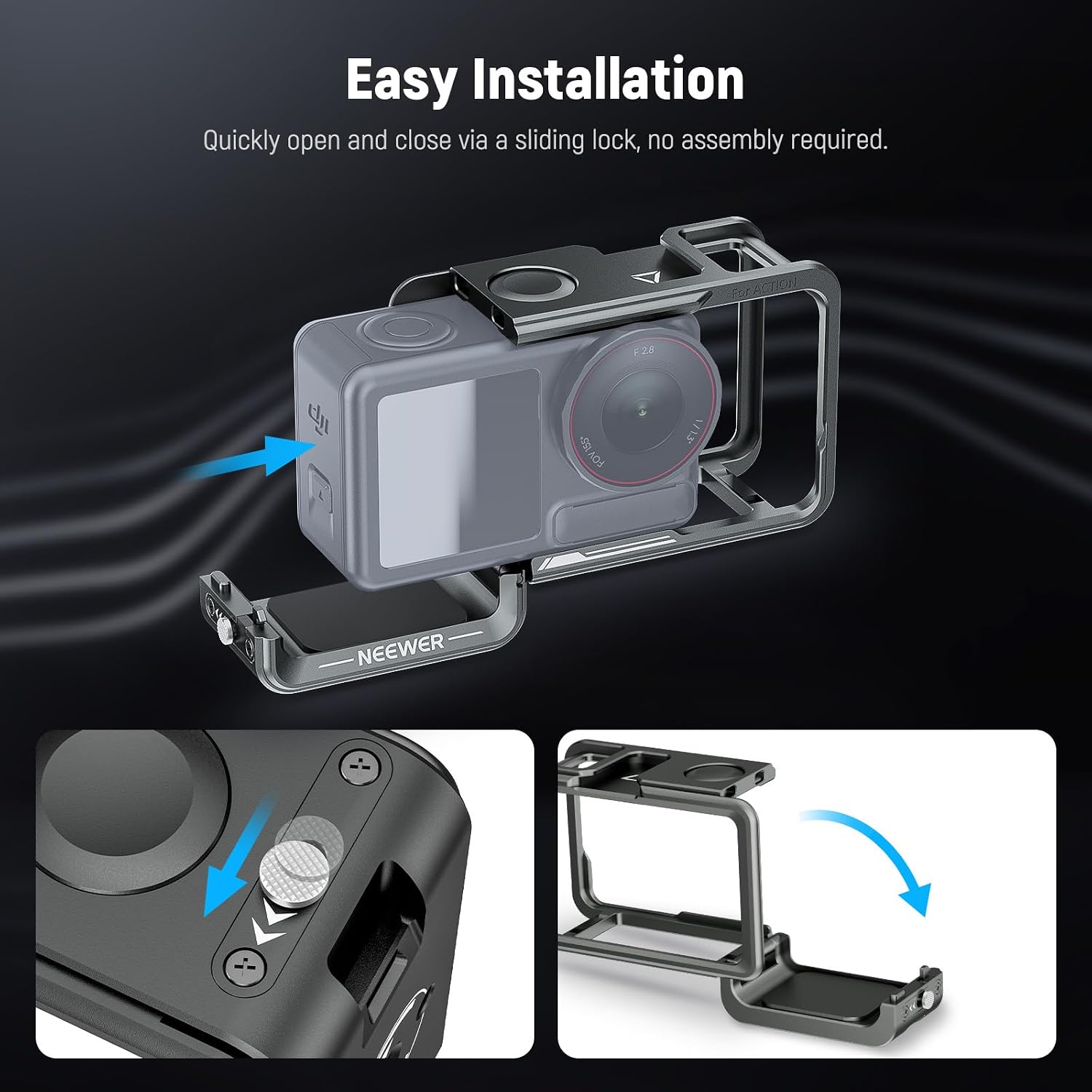 Detalle de NEEWER Käfig für DJI Osmo Action 5 Pro (AC014) – Schutzrig aus Aluminium mit Cold Shoe und 1/4-Zoll Gewinde