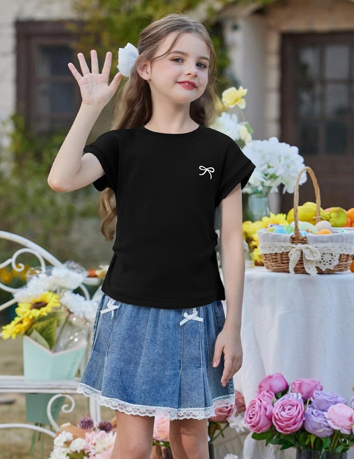 Thumbnail 1 de Arshiner Mädchen T-Shirts Sommer Schleifendruck – Tailliert, Kurzarm, Rundhals