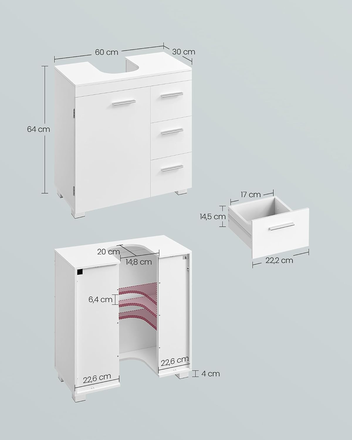Detalle de VASAGLE BBK513WB01 Under-Sink Bathroom Cabinet, 3 Drawers, Cloud White