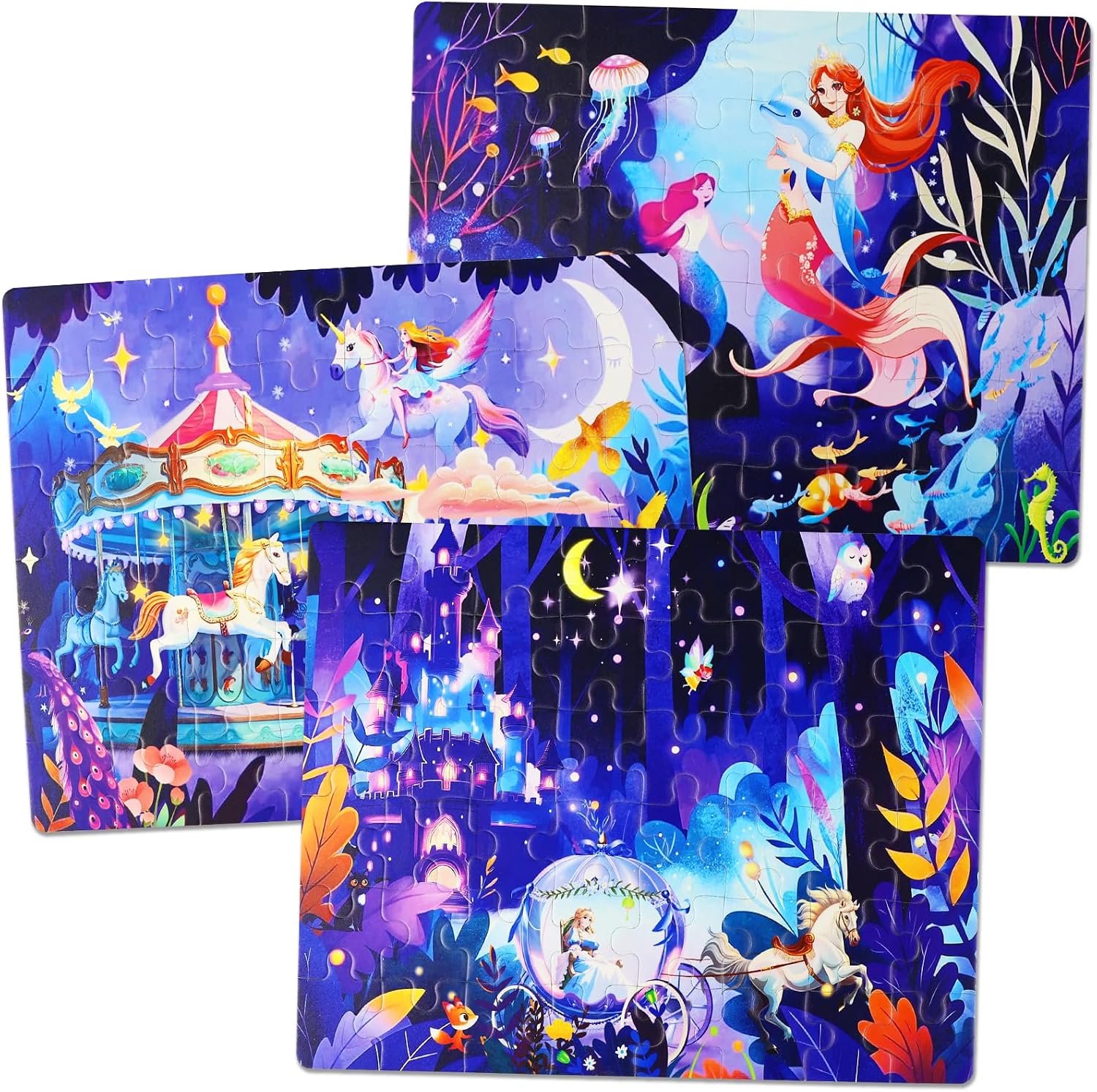 Detalle de SOLTIRA Magnetpuzzle Cinderella, Einhorn & kleine Meerjungfrau – 3×48 Teile für Mädchen ab 5 Jahren