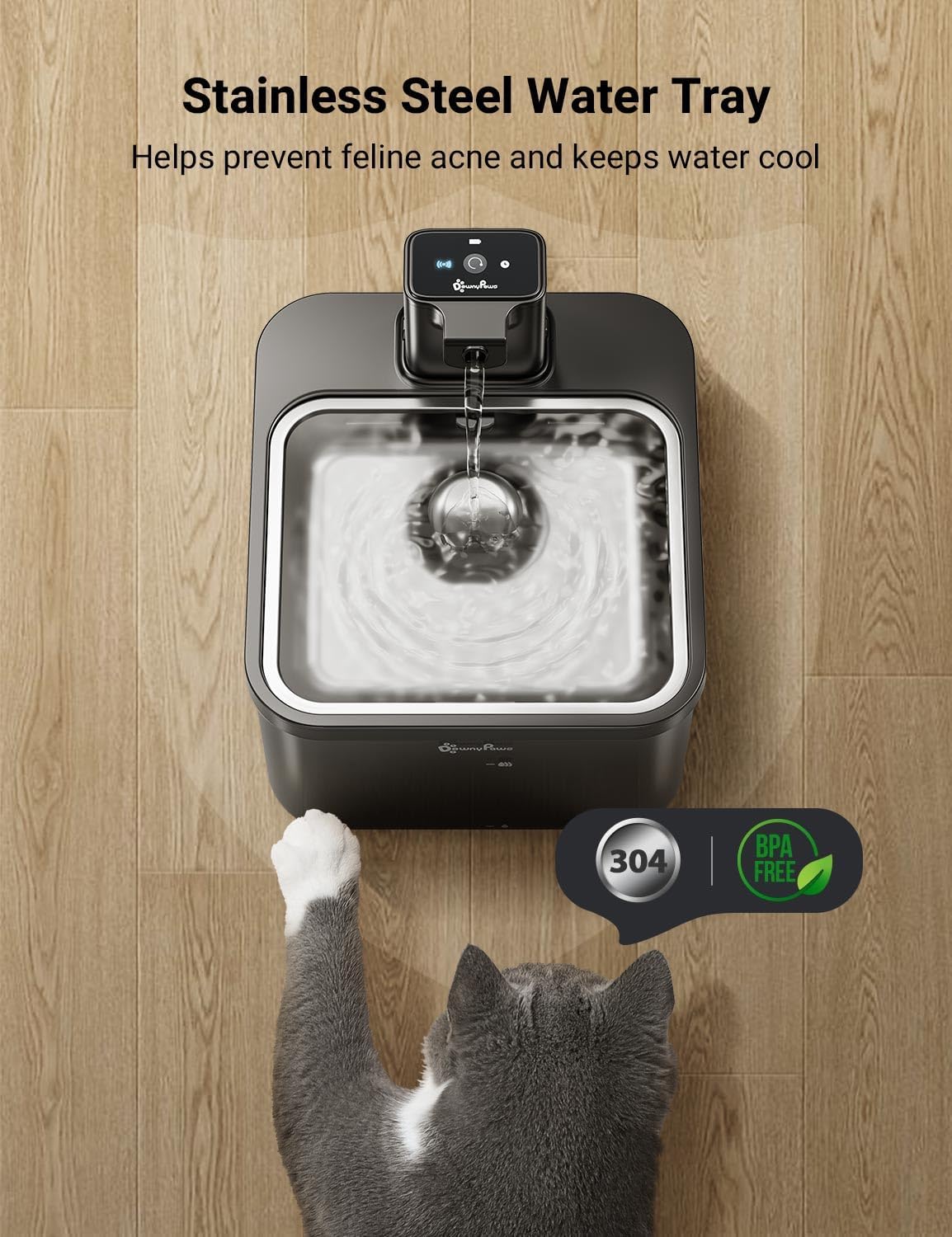 Detalle 2 de DownyPaws Wireless Cat Water Fountain – 2.5L, Battery-Operated, Motion Sensor & Stainless Steel Tray