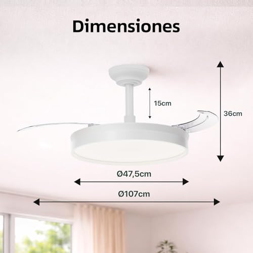 Detalle de Ventilador de Techo 72W con aspas plegables, iluminación LED y mando a distancia – Citymart