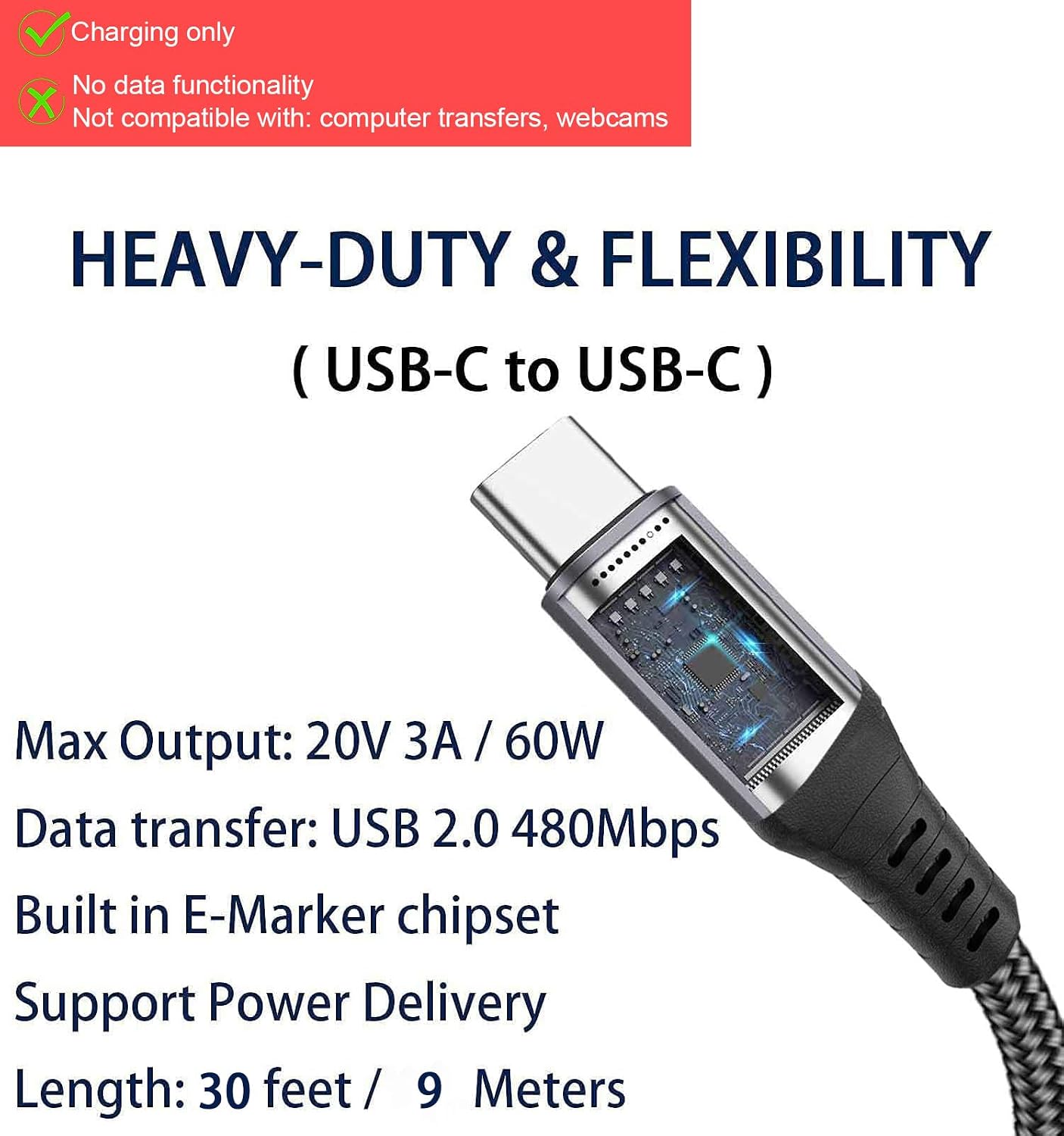 Detalle de 30FT USB-C to USB-C Cable 60W – Extra Long Charging Cable for Day-to-Day Power