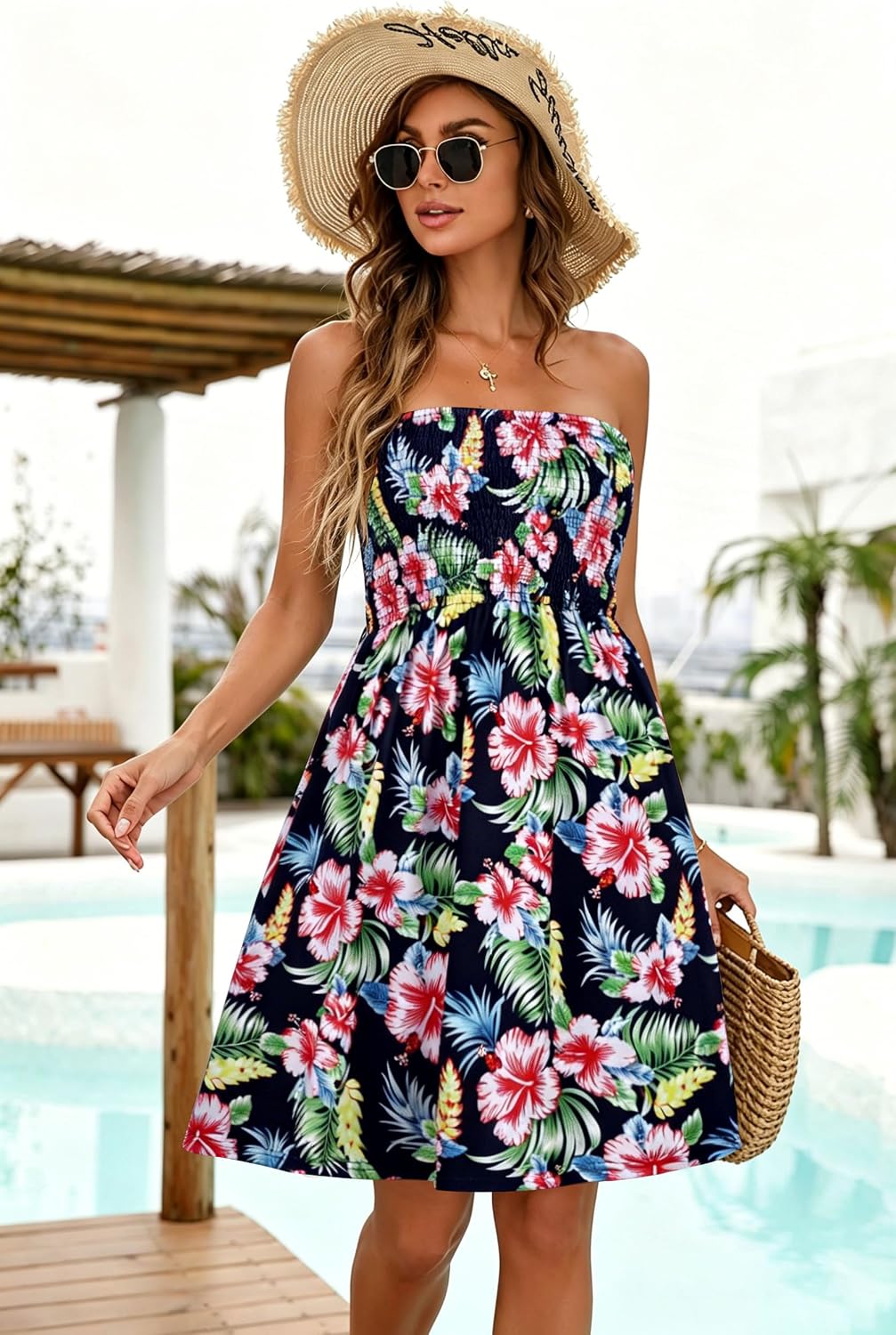 Detalle de CHICGAL Summer Dresses for Women Beach Cover Ups: Strapless Boho Floral Sundress