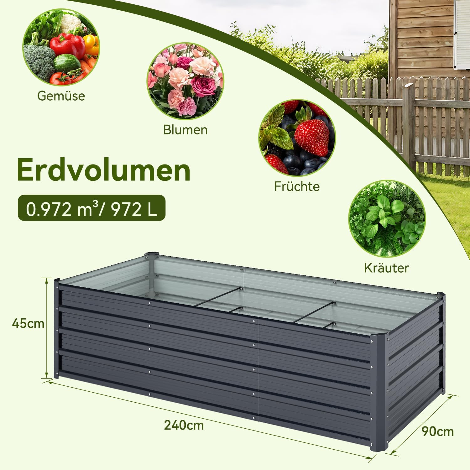 Detalle de Ohuhu Hochbeet Metall 240x90x45 cm – verzinktes Stahlblech mit Rostschutz, robuster Rahmen