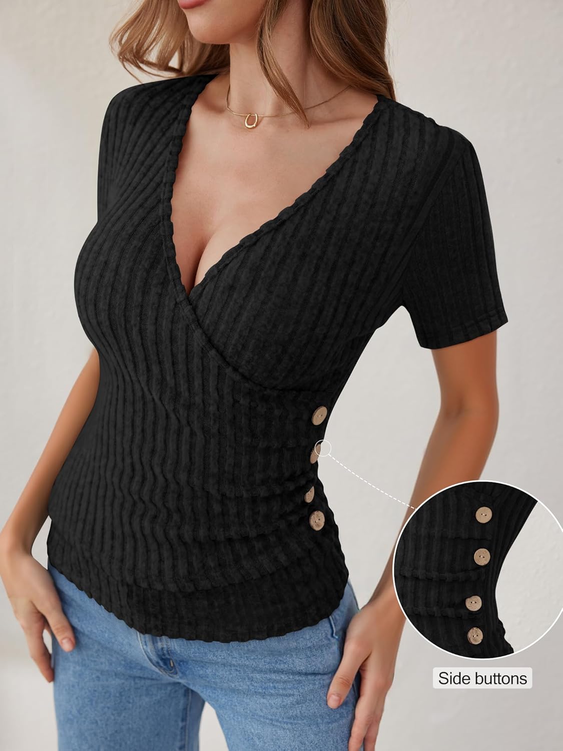 Thumbnail 3 de ANRABESS Women’s Short Sleeve V-Neck Ribbed Knit Slim-Fit Top with Side Buttons
