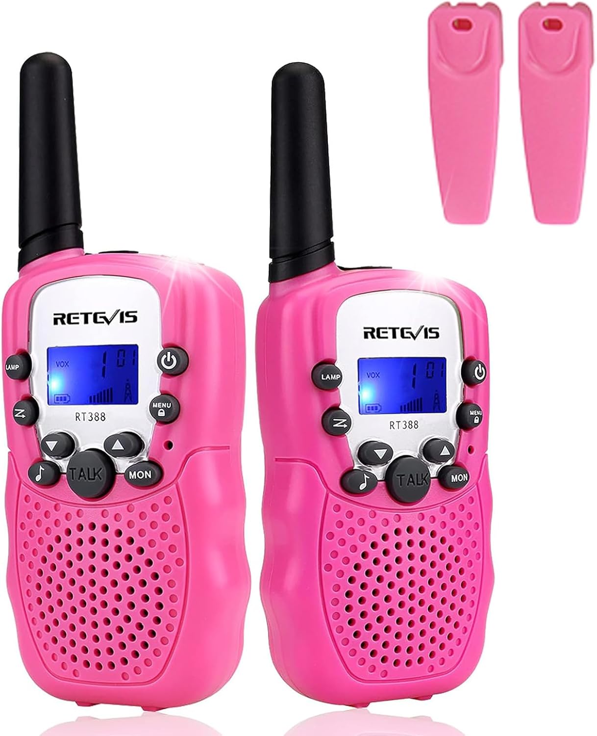 Detalle de Retevis RT388 talkie-walkie enfants (rose) – portée longue, 8 canaux et 99 codes de confidentialité