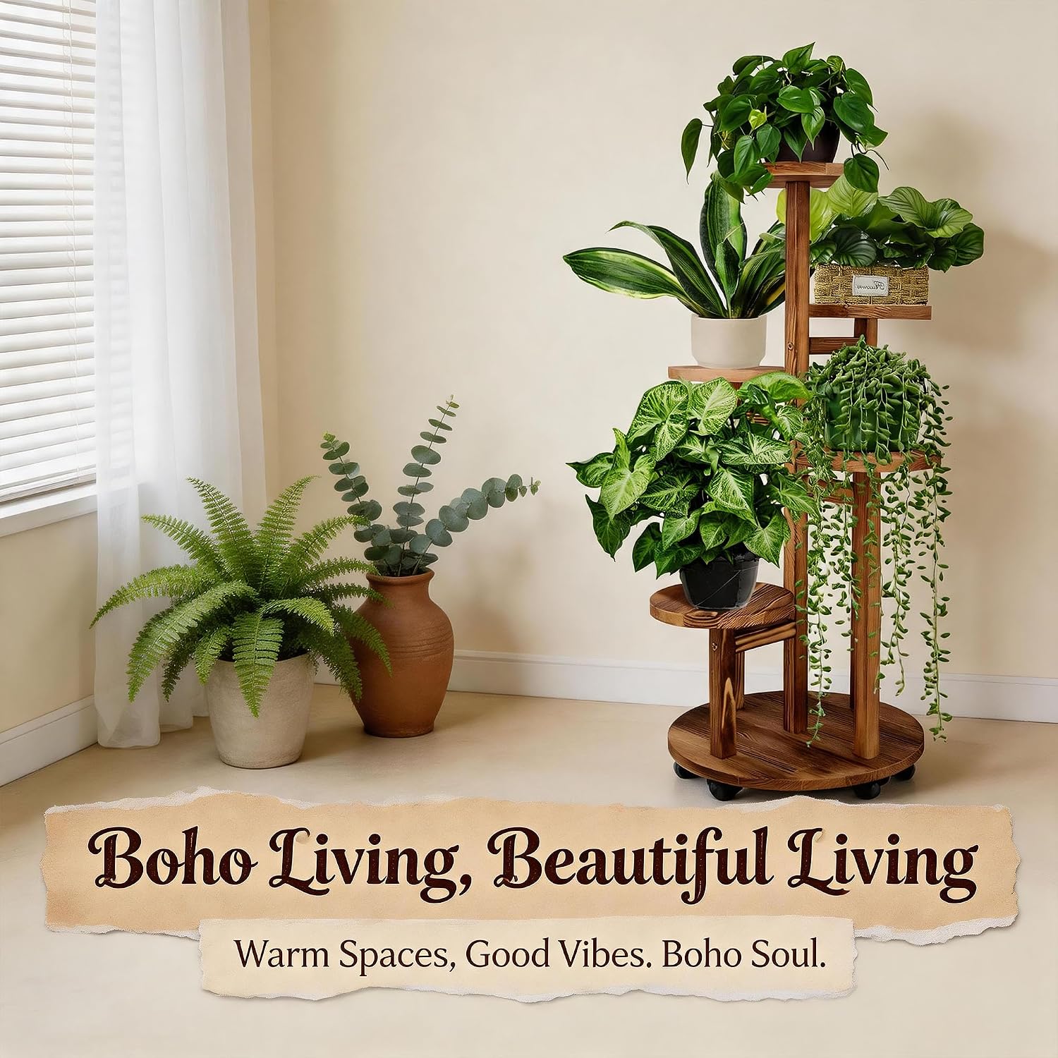 Thumbnail 6 de GEEBOBO ge-5tier-round-plant-stand-003 5-Tier Pine Wood Plant Stand with Wheels