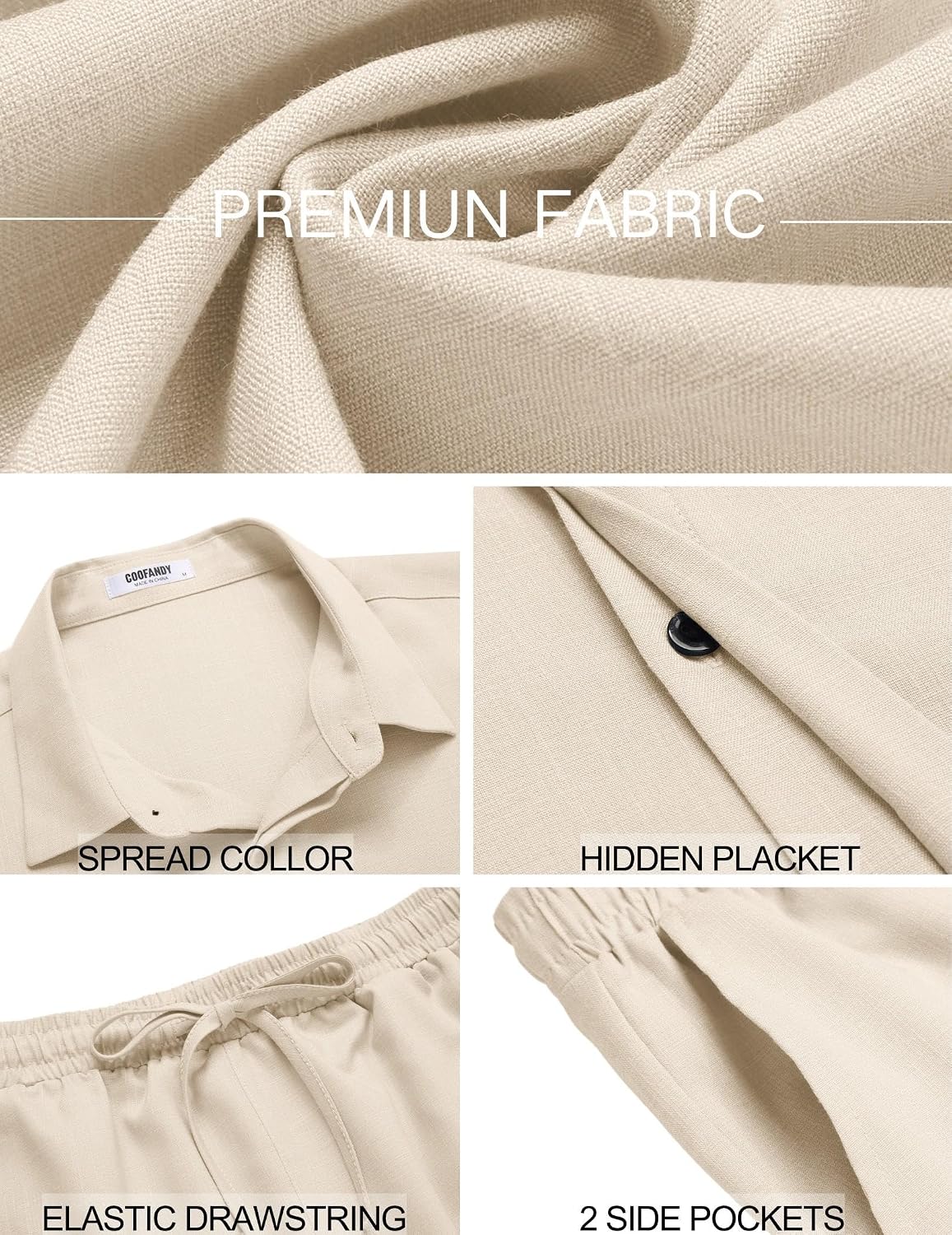 Thumbnail 4 de COOFANDY Men's 2-Piece Summer Set with Linen-Texture Shirt and Drawstring Shorts