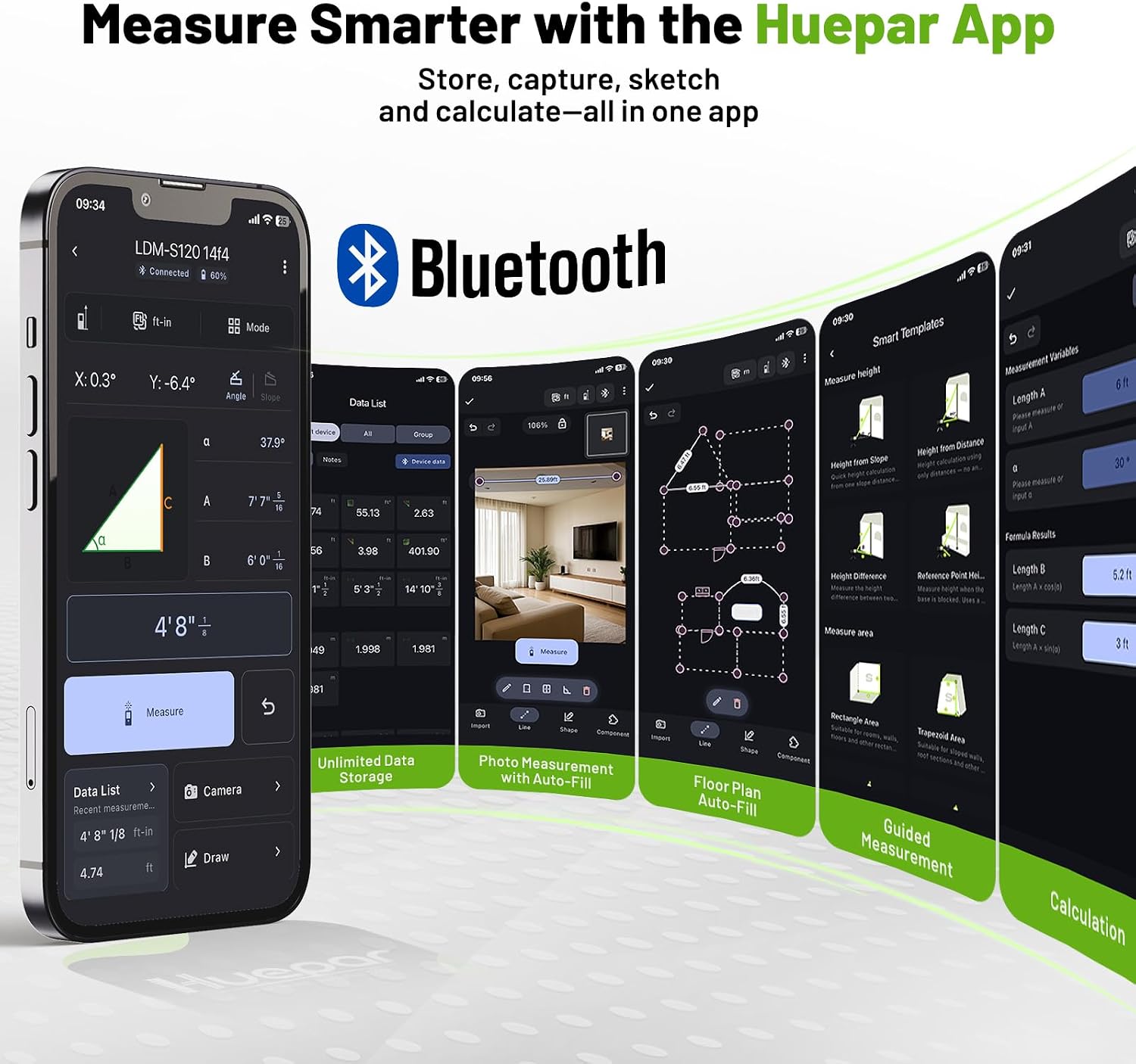 Detalle de Huepar S100G-BT Laser Distance Meter with Bluetooth, Green Laser and Angle Sensor