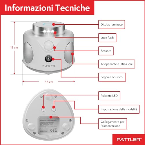 Detalle 2 de PATTLER Dissuasore Ultrasuoni per Topi – Repellente 360° 3 Modalità, copertura 180 m², interno/esterno