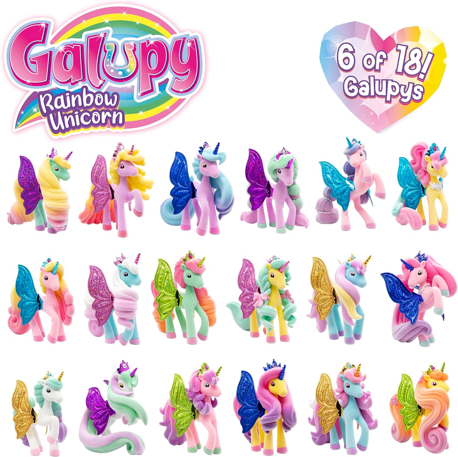 Detalle de Galupy Rainbow Unicorn 6-pack: statuette da collezione unicorni Arcobaleno con ali glitterate e cristallo Swarovski