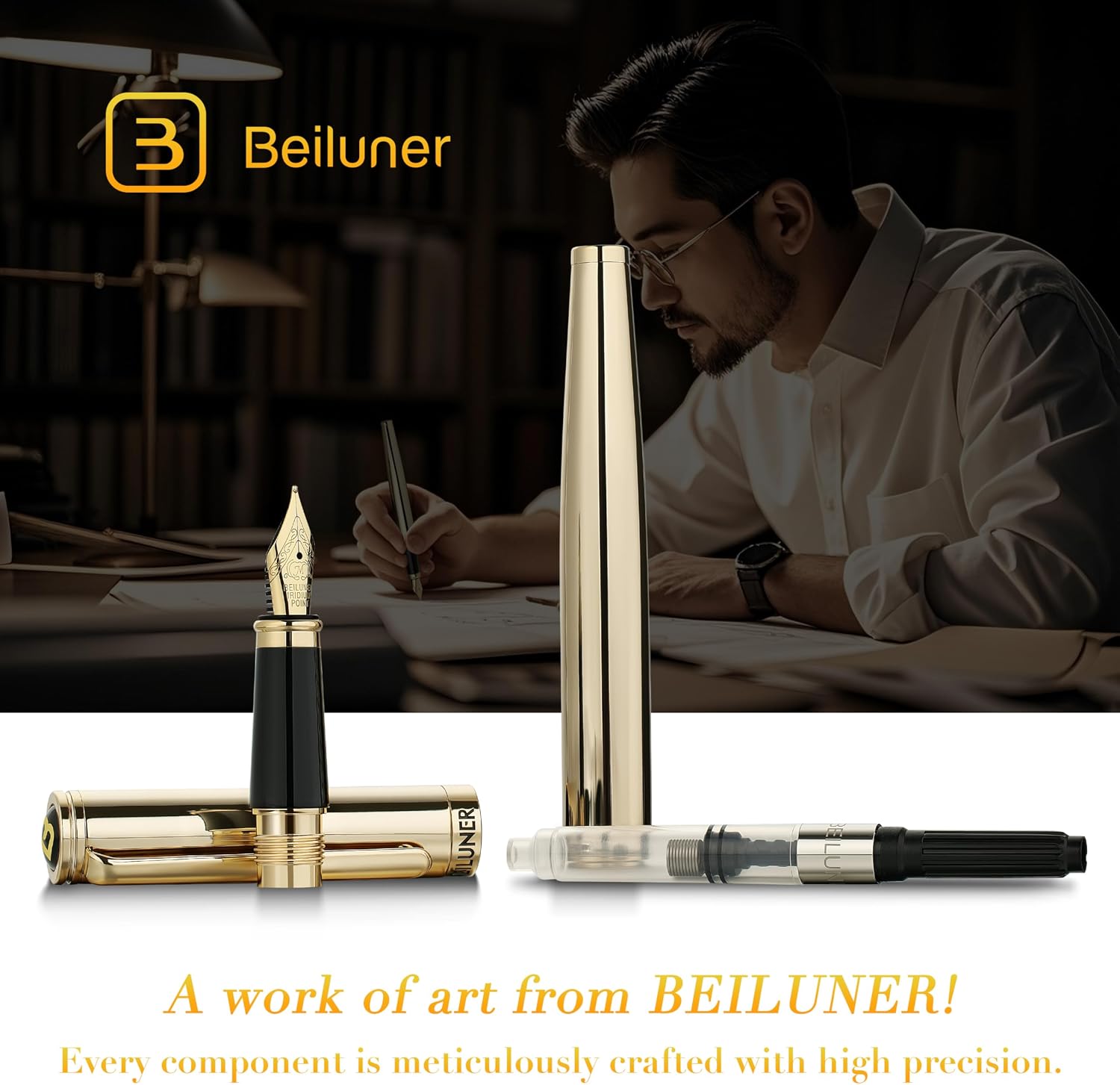 Detalle de BEILUNER Penna Stilografica di Lusso in Oro con Pennino 24K Medio